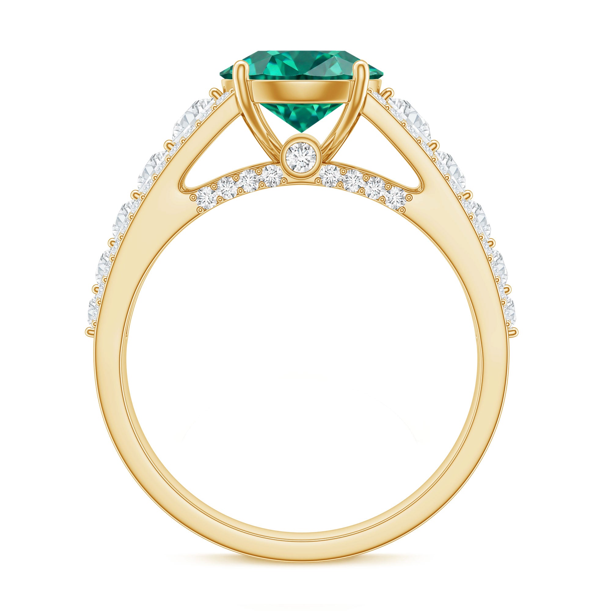 Certified 8 mm Lab Grown Emerald Statement Engagement Ring with Side Stones AAAA - Rosec Jewels