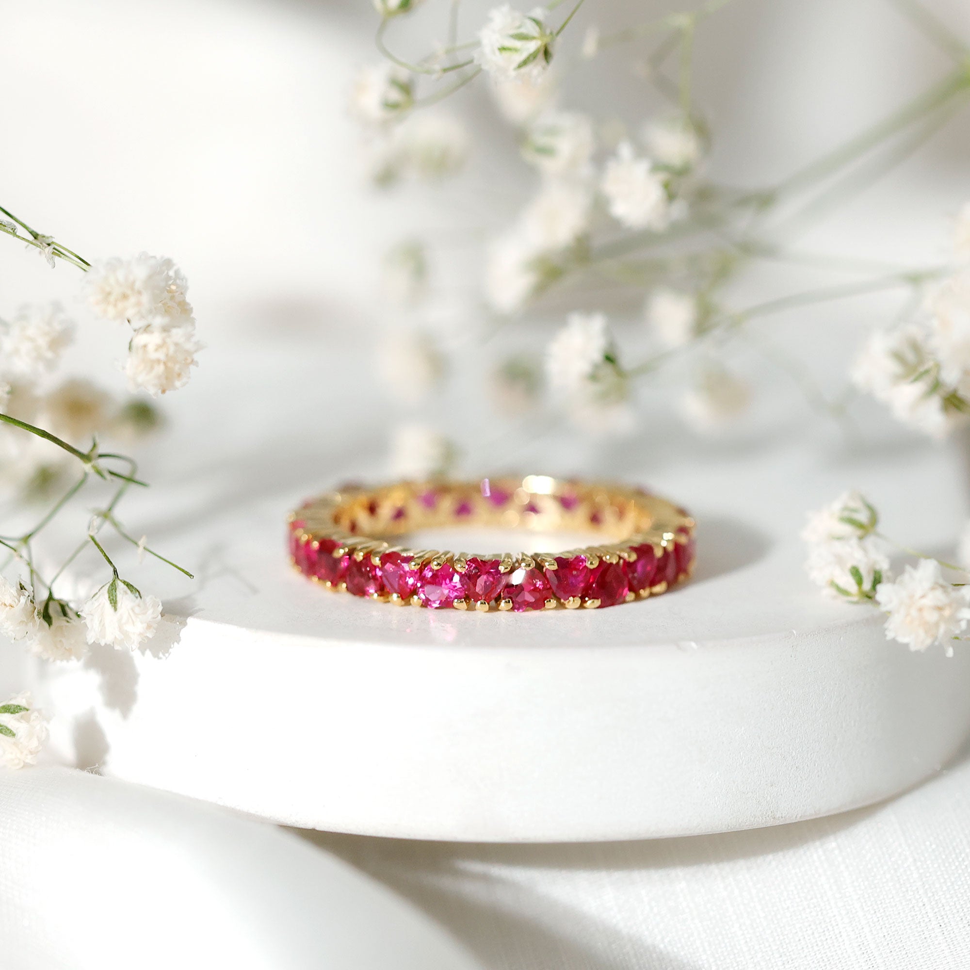 3 Carat Lab Created Ruby Heart Eternity Band Ring AAAA - Rosec Jewels