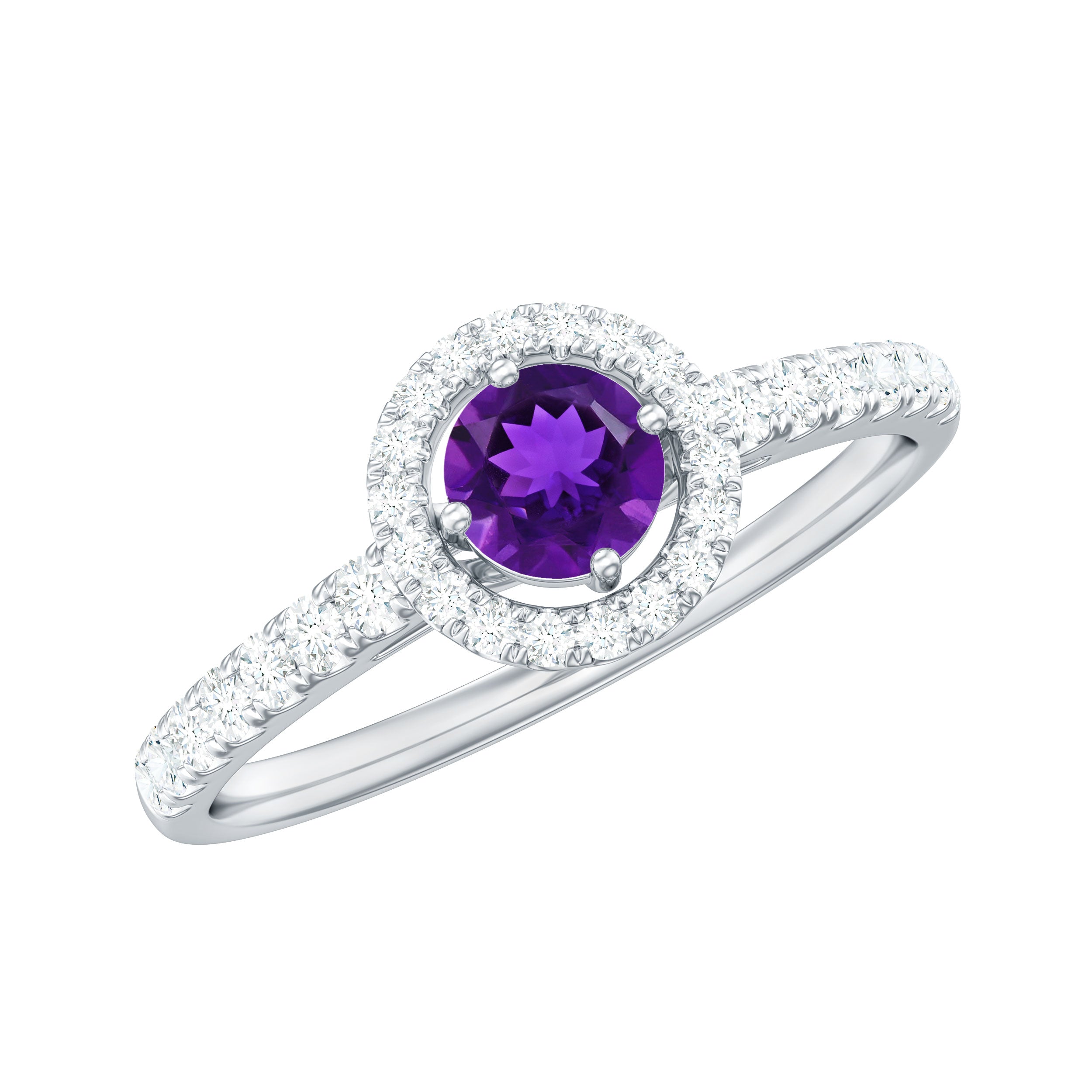 Real Amethyst Promise Ring with Diamond Halo AAA - Rosec Jewels