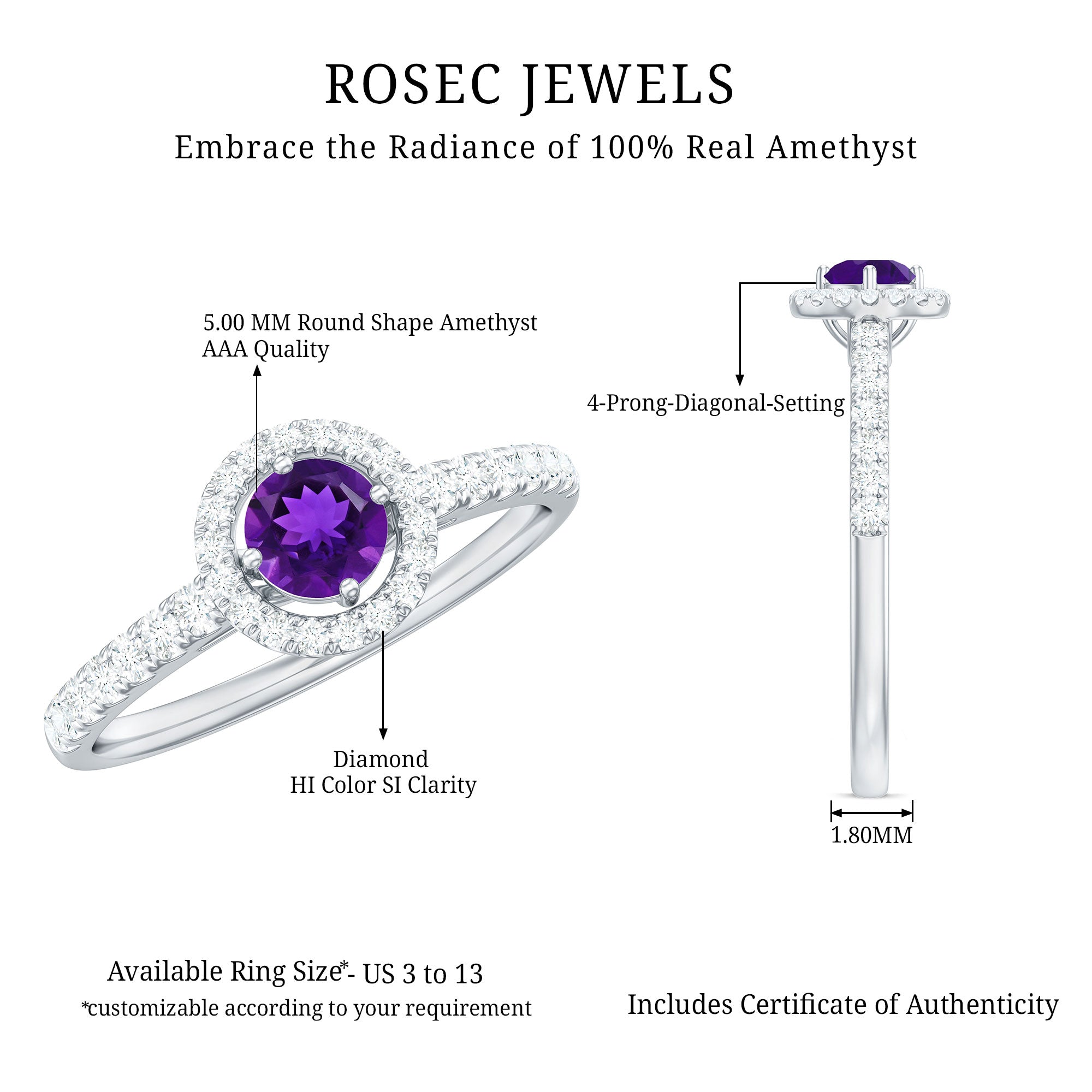 Real Amethyst Promise Ring with Diamond Halo AAA - Rosec Jewels