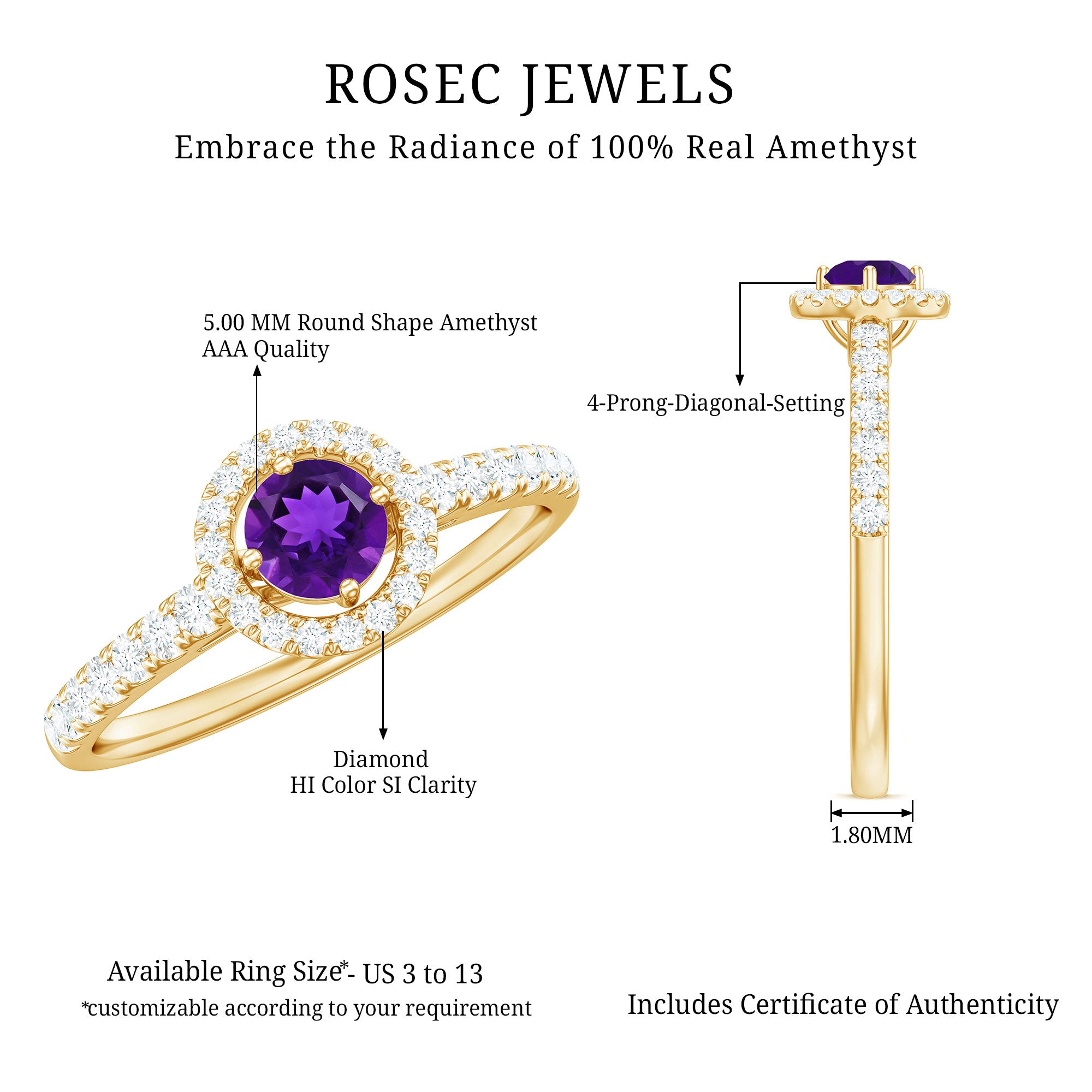 Real Amethyst Promise Ring with Diamond Halo AAA - Rosec Jewels