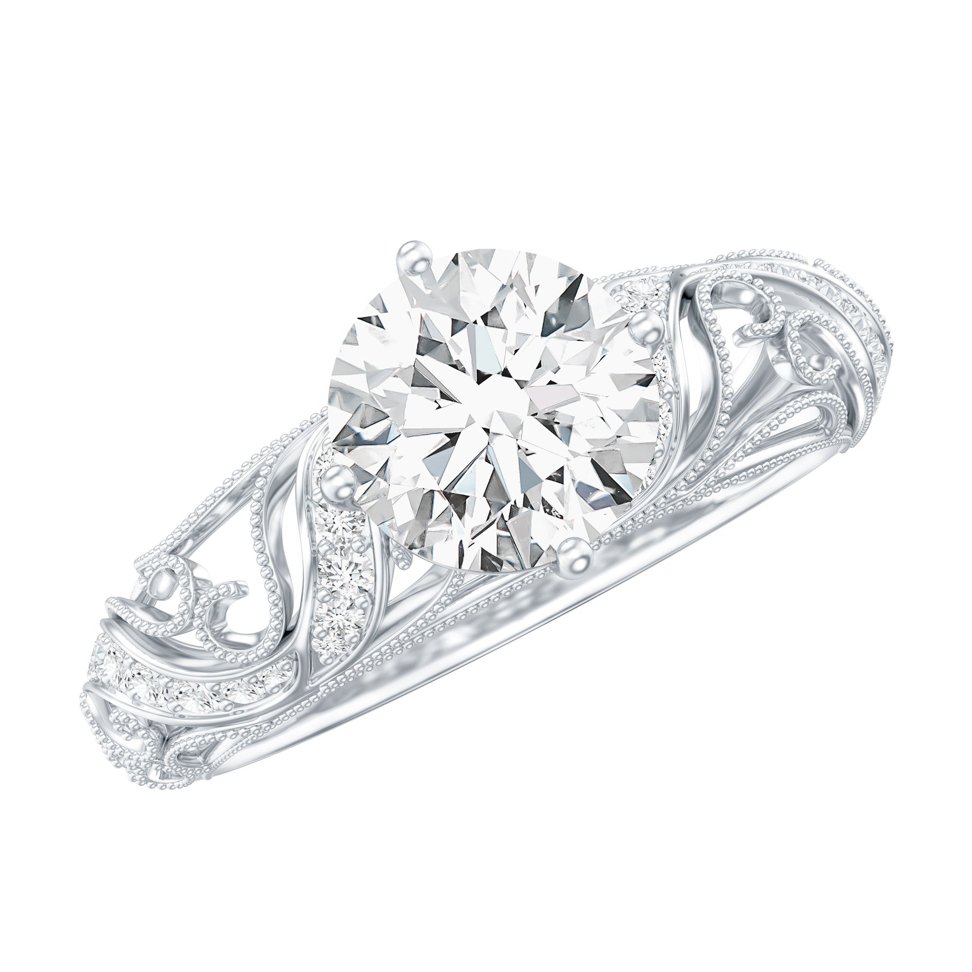 Rosec Jewels-Round Cut Moissanite Vintage Engagement Ring With Diagonal Prongs