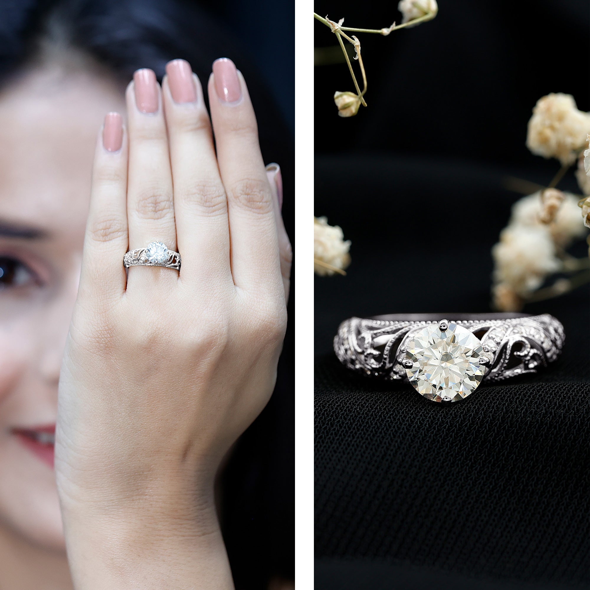 Rosec Jewels-Round Cut Moissanite Vintage Engagement Ring With Diagonal Prongs