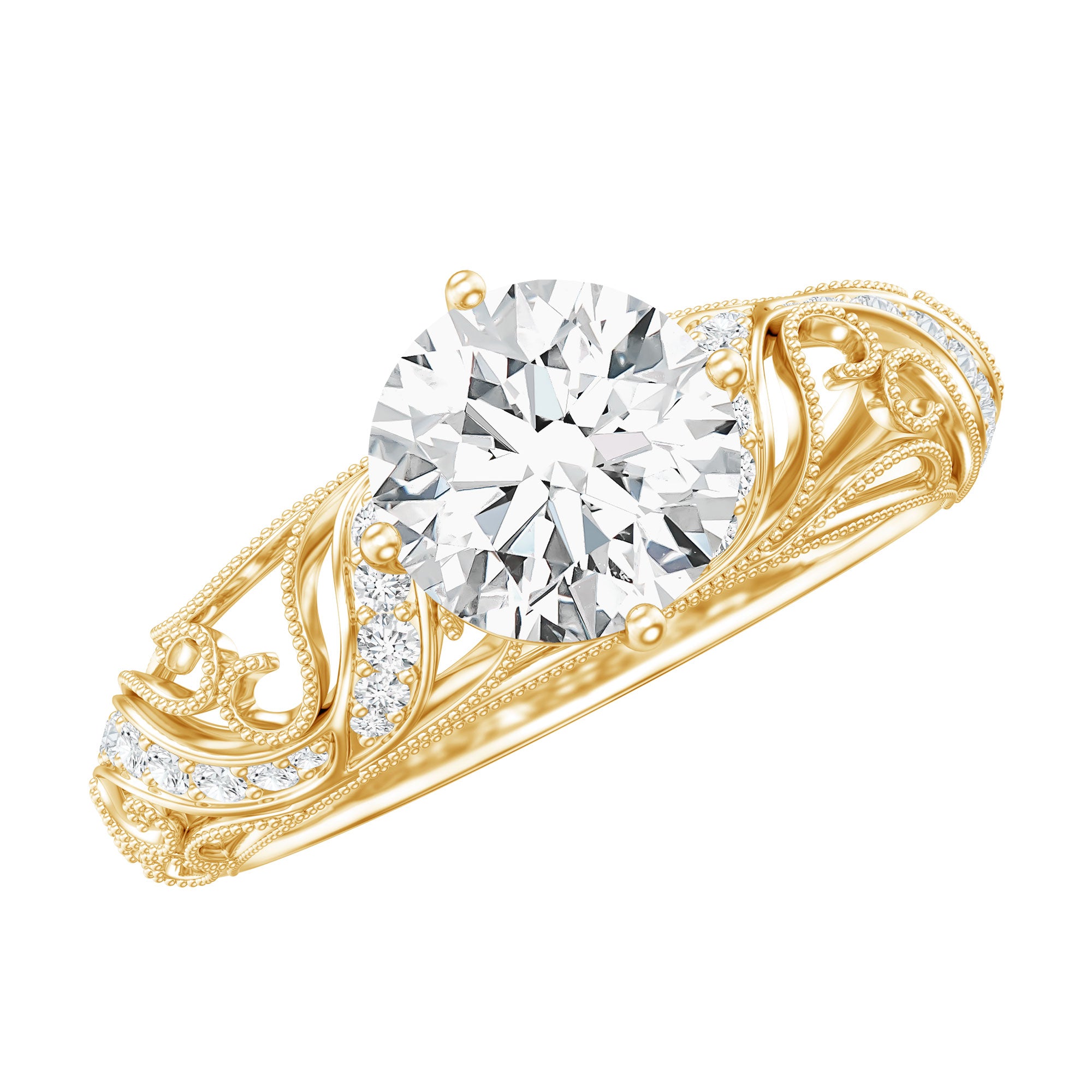 Rosec Jewels-Round Cut Moissanite Vintage Engagement Ring With Diagonal Prongs