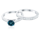 5mm London Blue Topaz Classic Engagement Ring with Diamond Wedding band AAA - Rosec Jewels