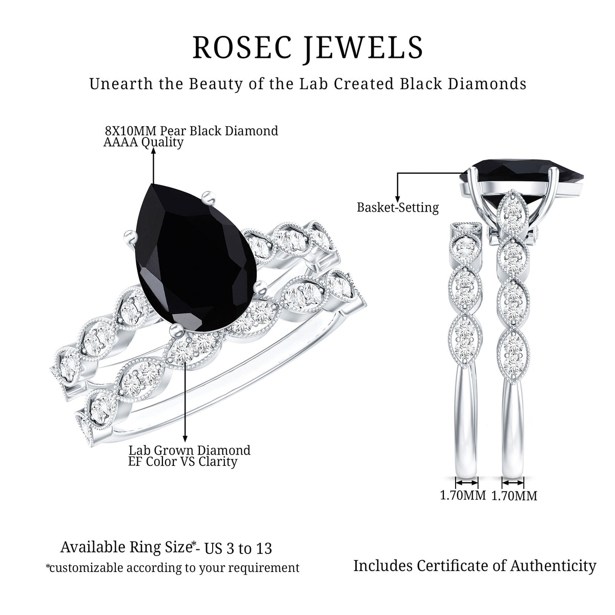 Certified 4.8 Carat Lab Grown Black Diamond Engagement Ring with Wedding Band AAAA ( Synthetic ) - Rosec Jewels