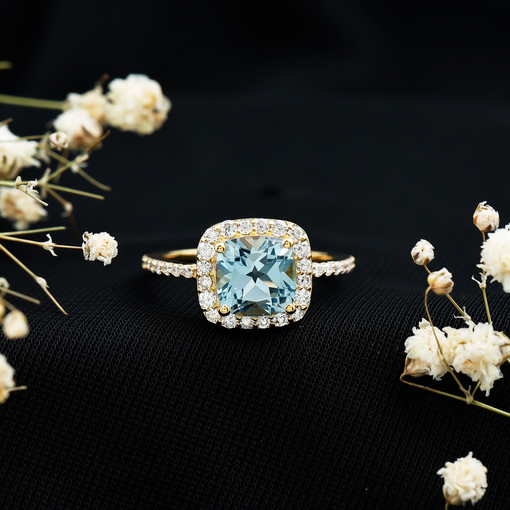 Rosec Jewels-Cushion Cut Sky Blue Topaz and Diamond Halo Engagement Ring