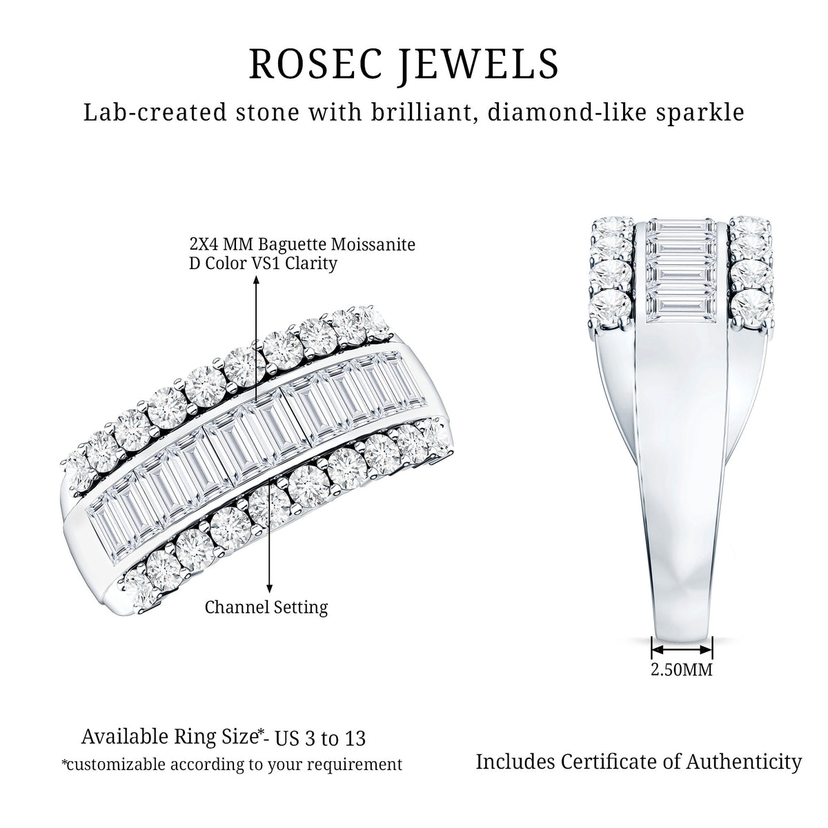 Certified Moissanite Wide Wedding Band Ring D-VS1 - Rosec Jewels