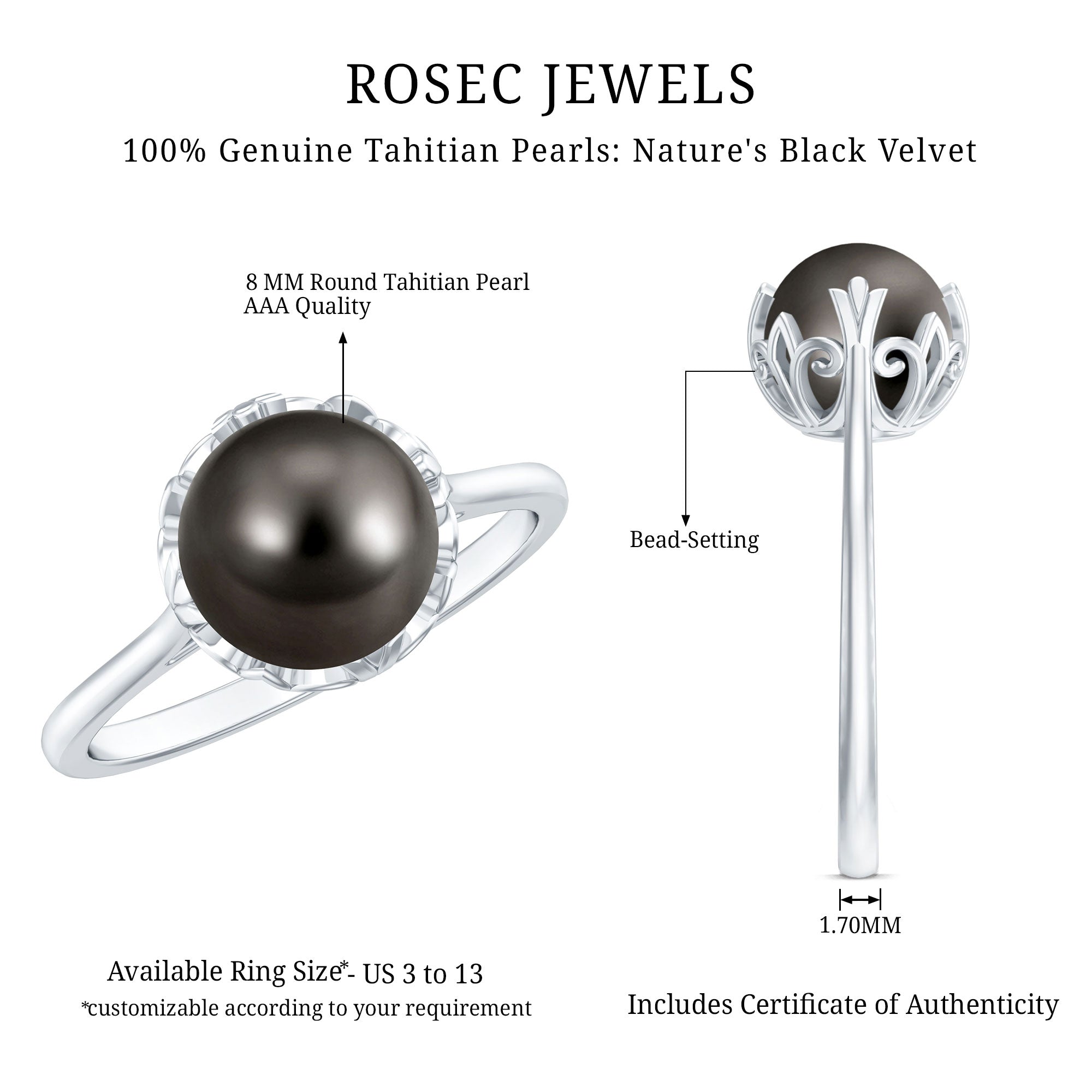 Rosec Jewels-Handpicked Genuine Black Tahitian Pearl Engagement Ring