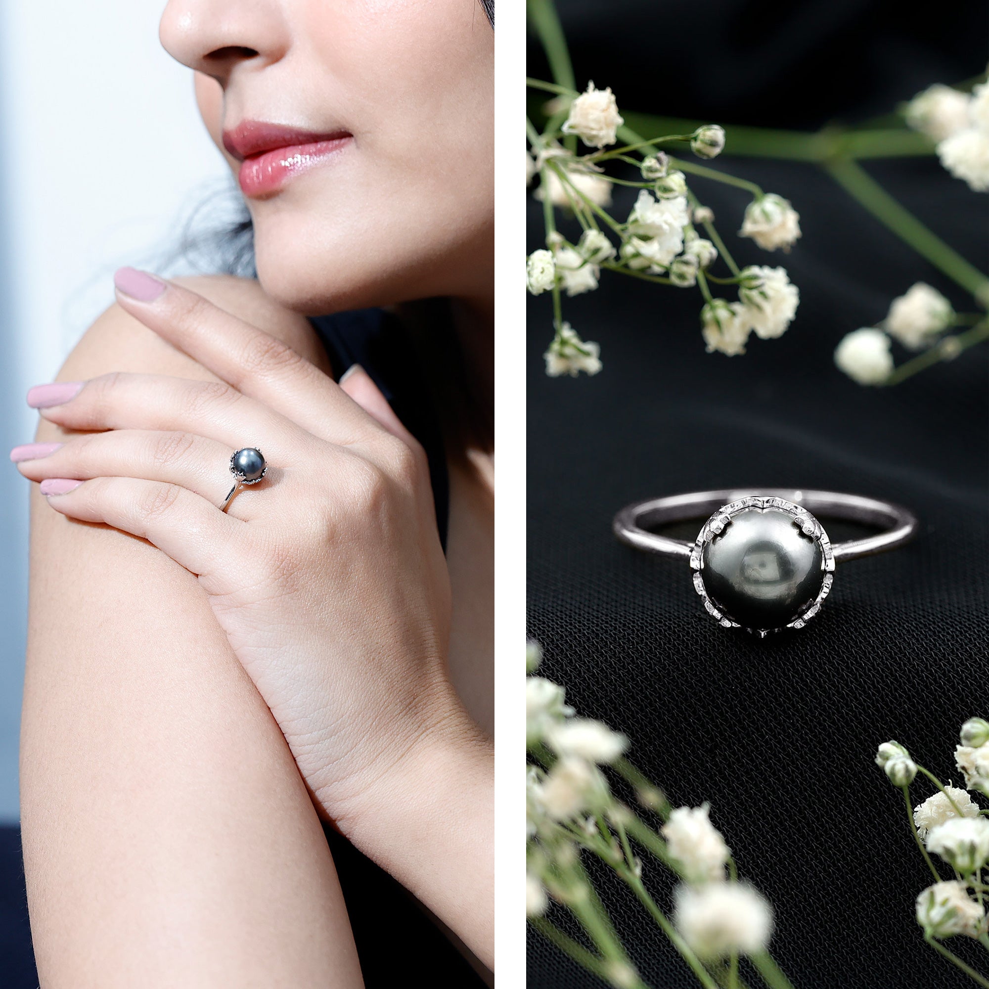 Rosec Jewels-Handpicked Genuine Black Tahitian Pearl Engagement Ring