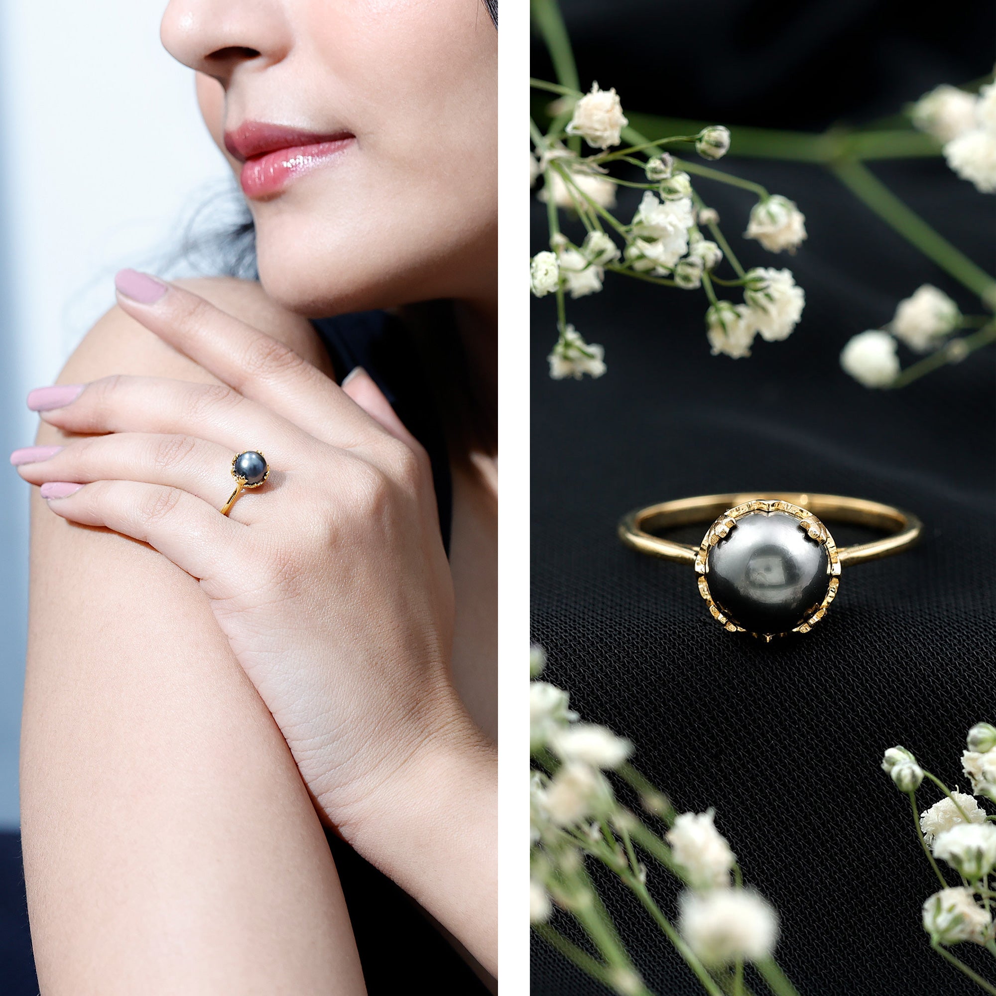 Rosec Jewels-Handpicked Genuine Black Tahitian Pearl Engagement Ring