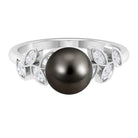 Tahitian Black Pearl and Diamond Leaf Minimal Engagement Ring AAA - Rosec Jewels