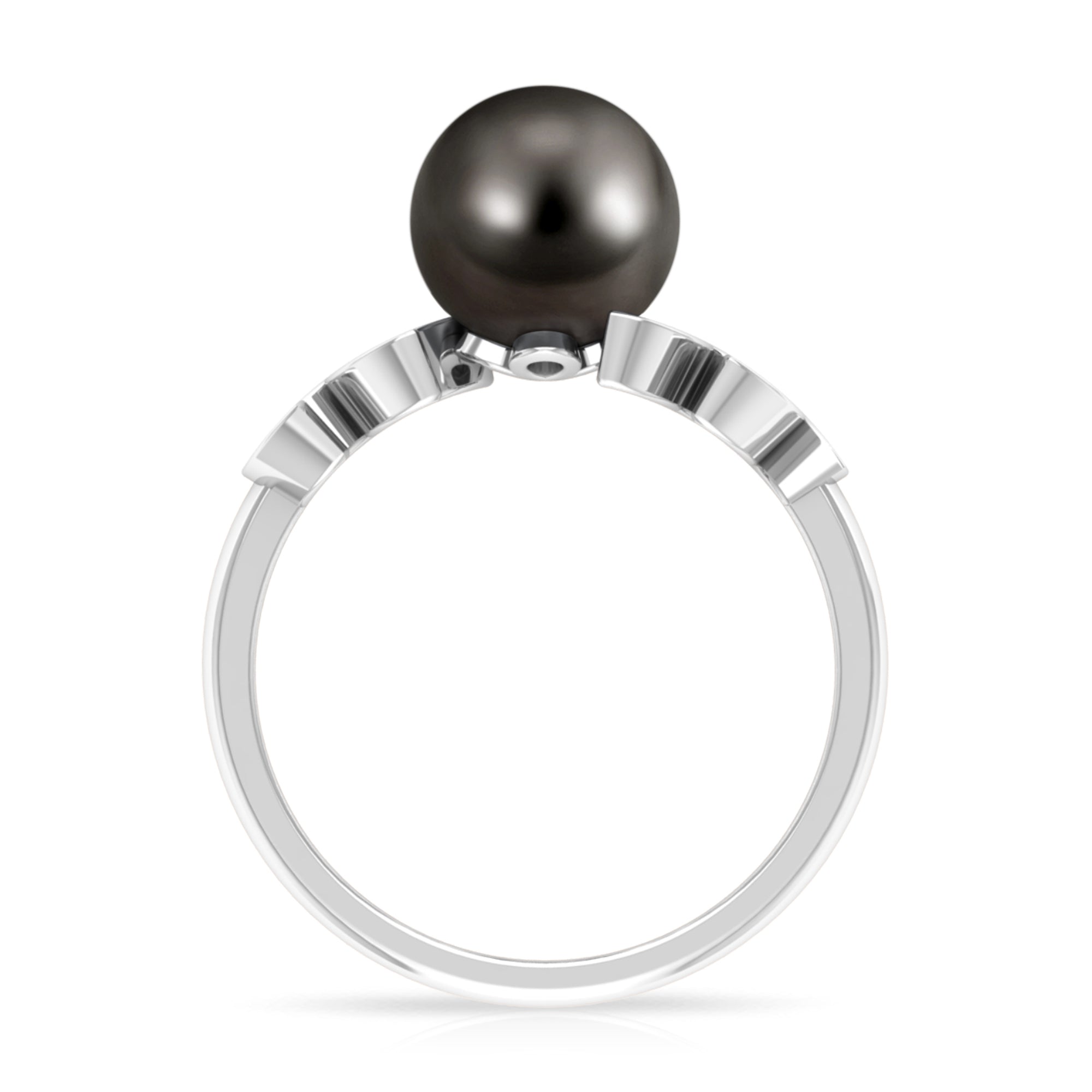 Tahitian Black Pearl and Diamond Leaf Minimal Engagement Ring AAA - Rosec Jewels