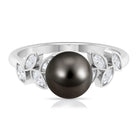 Tahitian Black Pearl and Diamond Leaf Minimal Engagement Ring AAA - Rosec Jewels