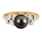 Tahitian Black Pearl and Diamond Leaf Minimal Engagement Ring AAA - Rosec Jewels