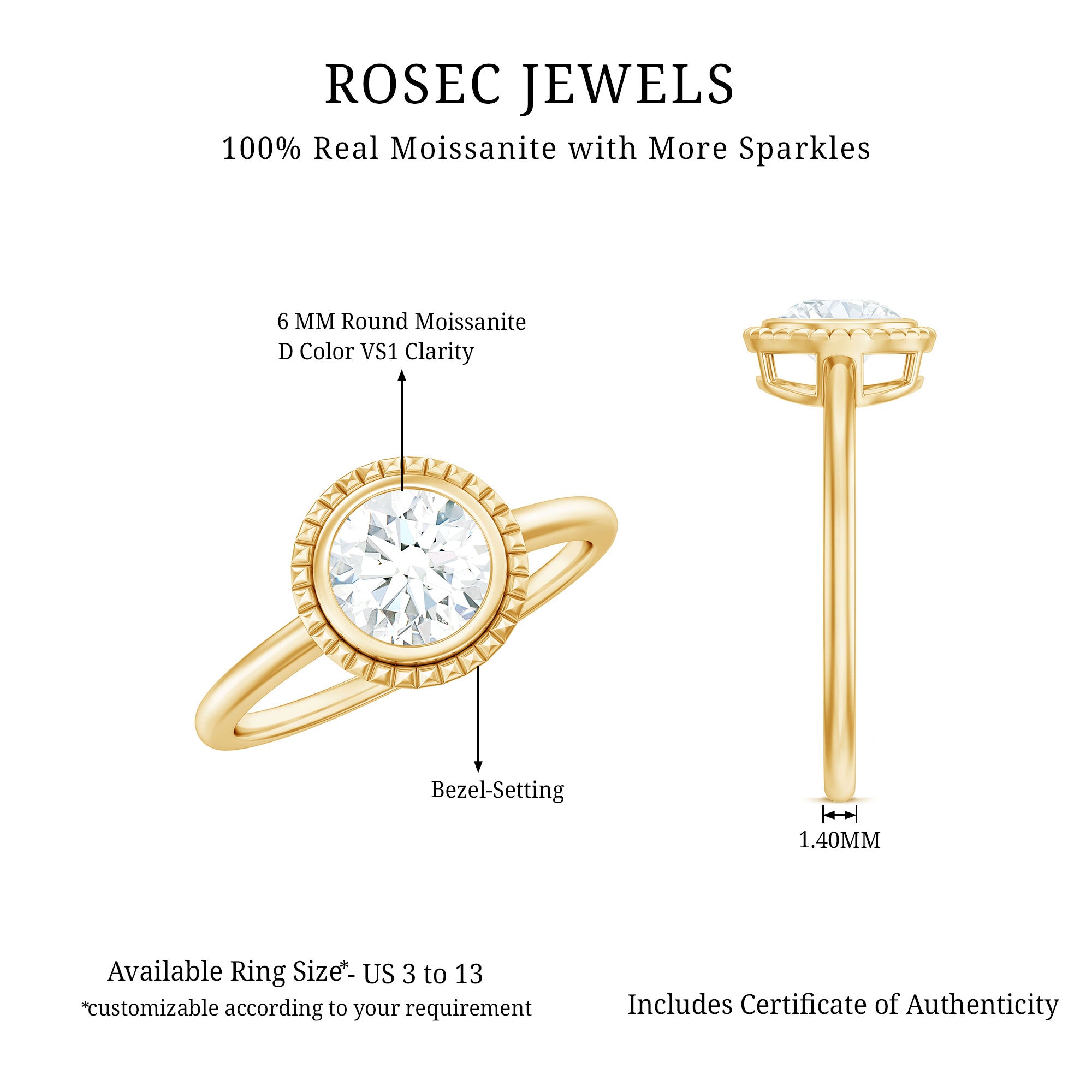 6mm Round Moissanite Solitaire Engagement Ring in Bezel Setting D-VS1 - Rosec Jewels