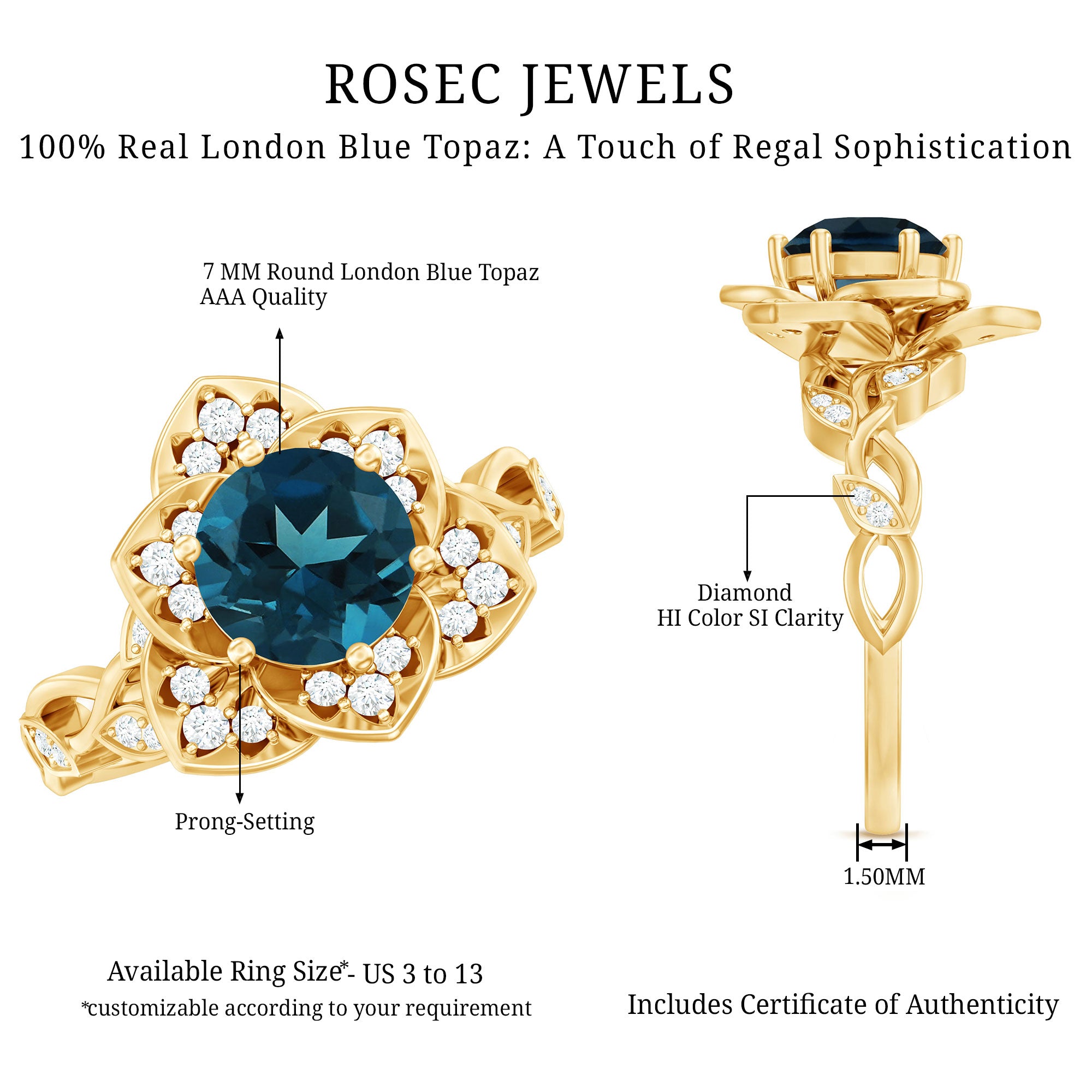 London Blue Topaz and Diamond Cocktail Flower Engagement Ring AAA - Rosec Jewels