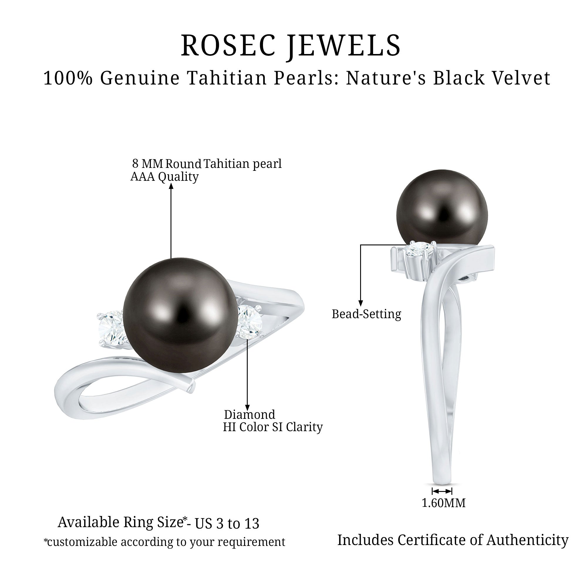Rosec Jewels-Natural Tahitian Black Pearl Diamond Vintage Engagement Ring