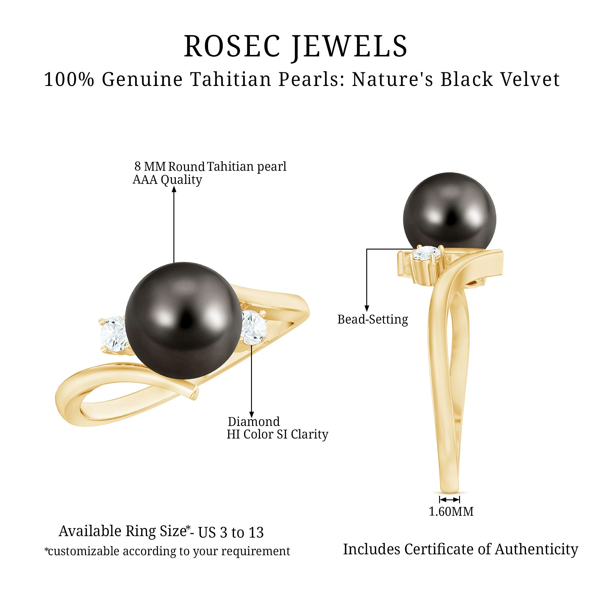 Rosec Jewels-Natural Tahitian Black Pearl Diamond Vintage Engagement Ring