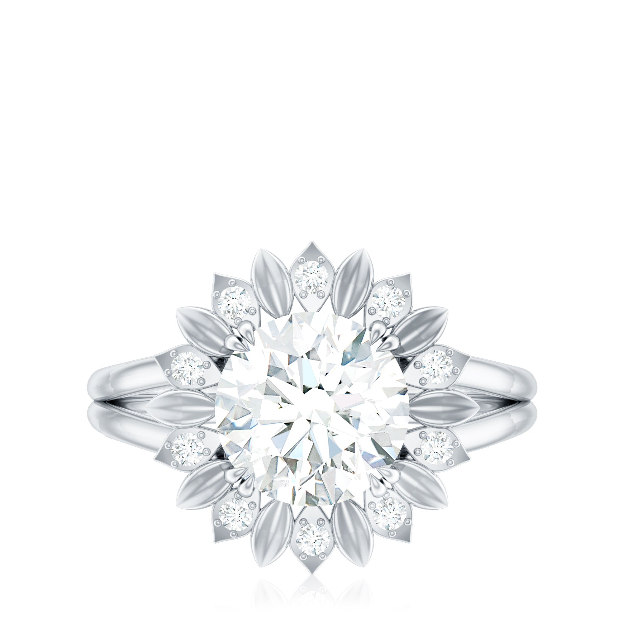 Round Cut Solitaire Zircon Gold Flower Engagement Ring in Split Shank AAAA - Rosec Jewels