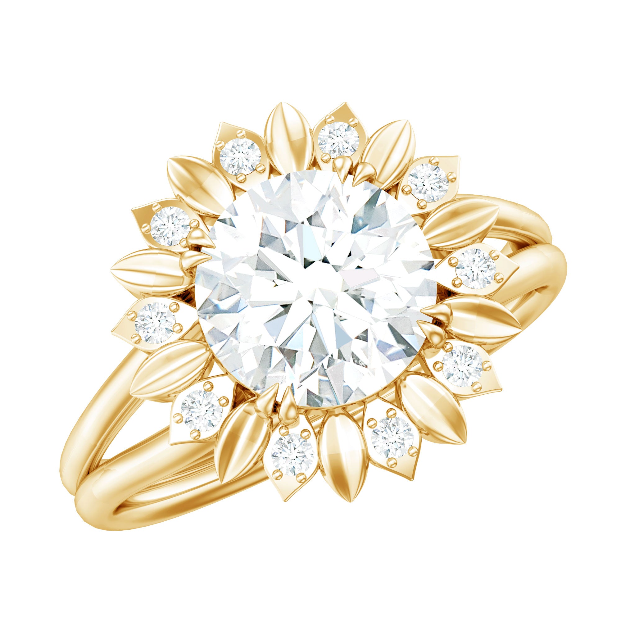 Round Cut Solitaire Zircon Gold Flower Engagement Ring in Split Shank AAAA - Rosec Jewels