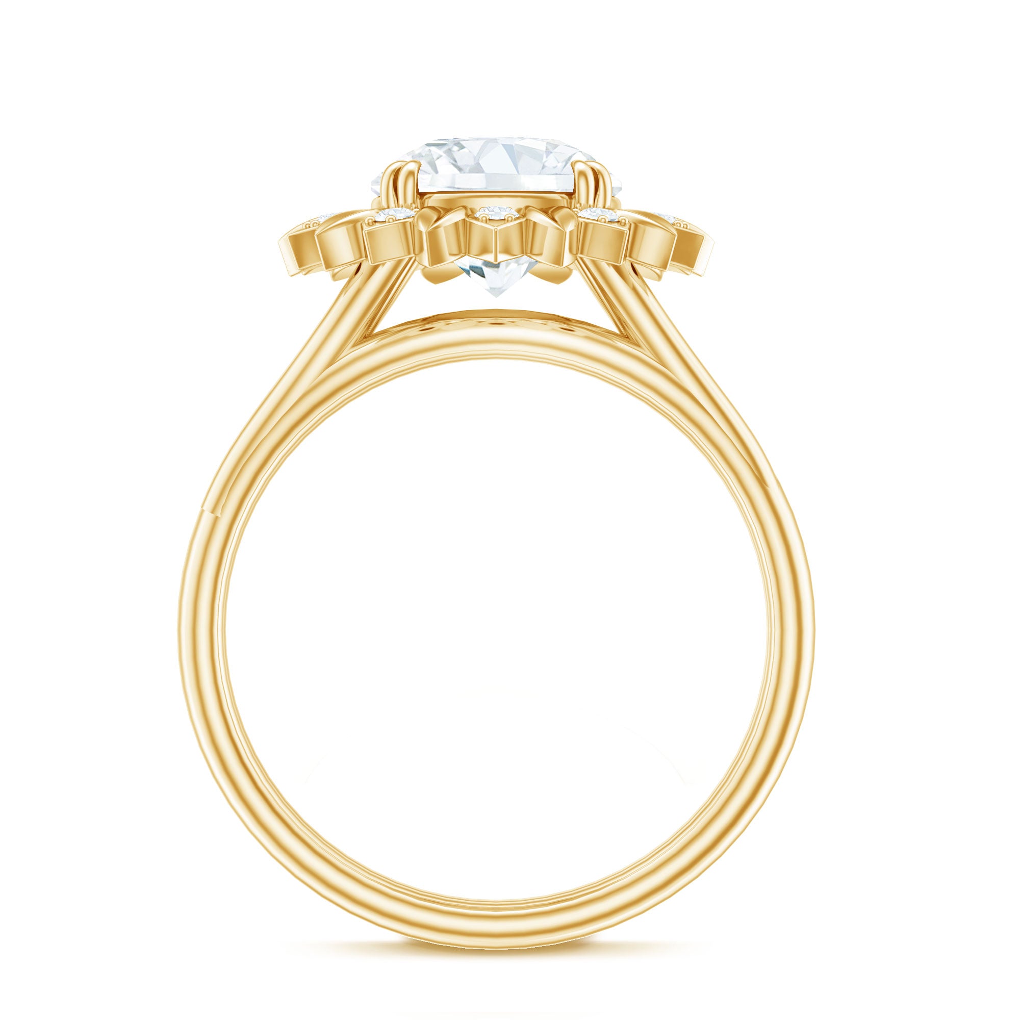 Round Cut Solitaire Zircon Gold Flower Engagement Ring in Split Shank AAAA - Rosec Jewels