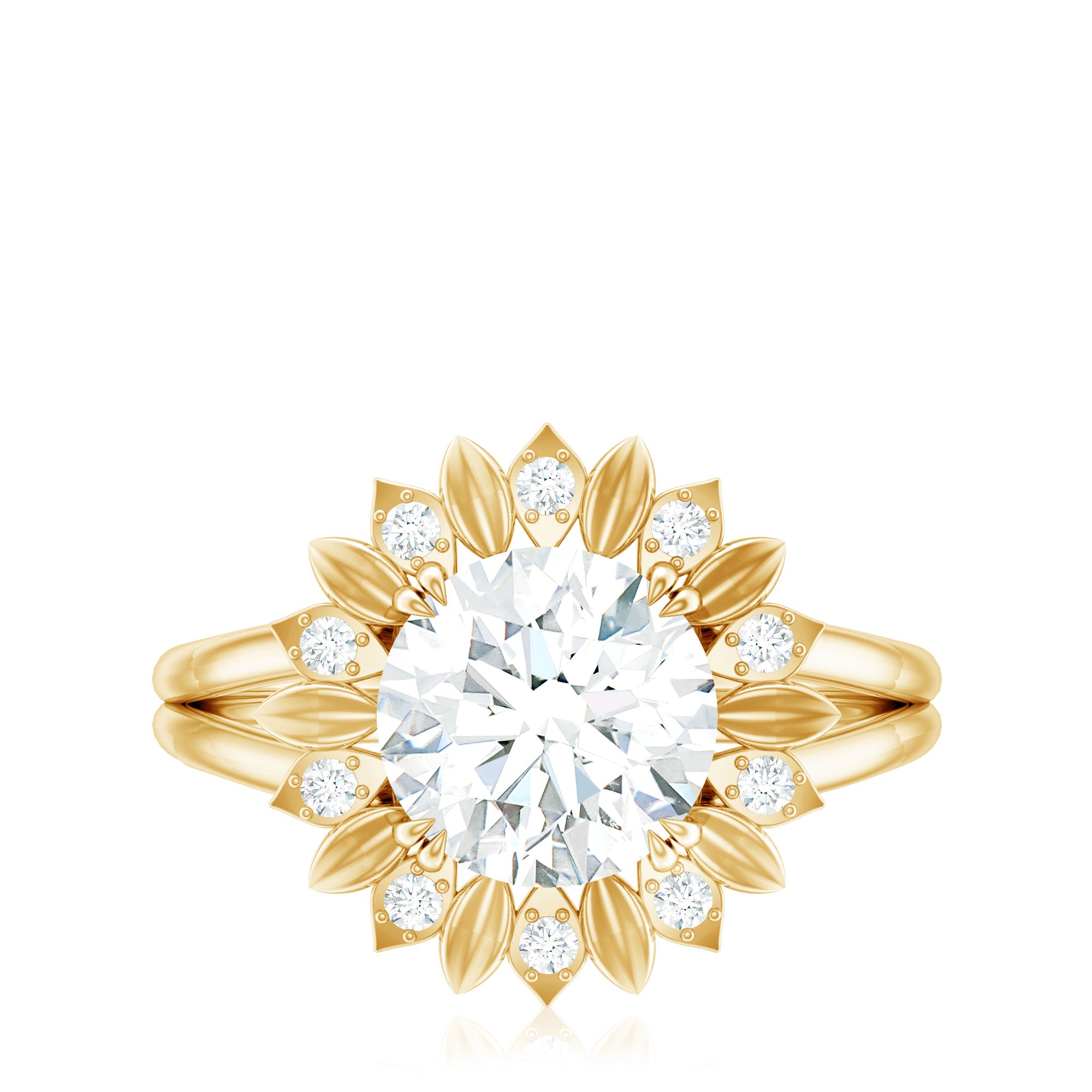 Round Cut Solitaire Zircon Gold Flower Engagement Ring in Split Shank AAAA - Rosec Jewels