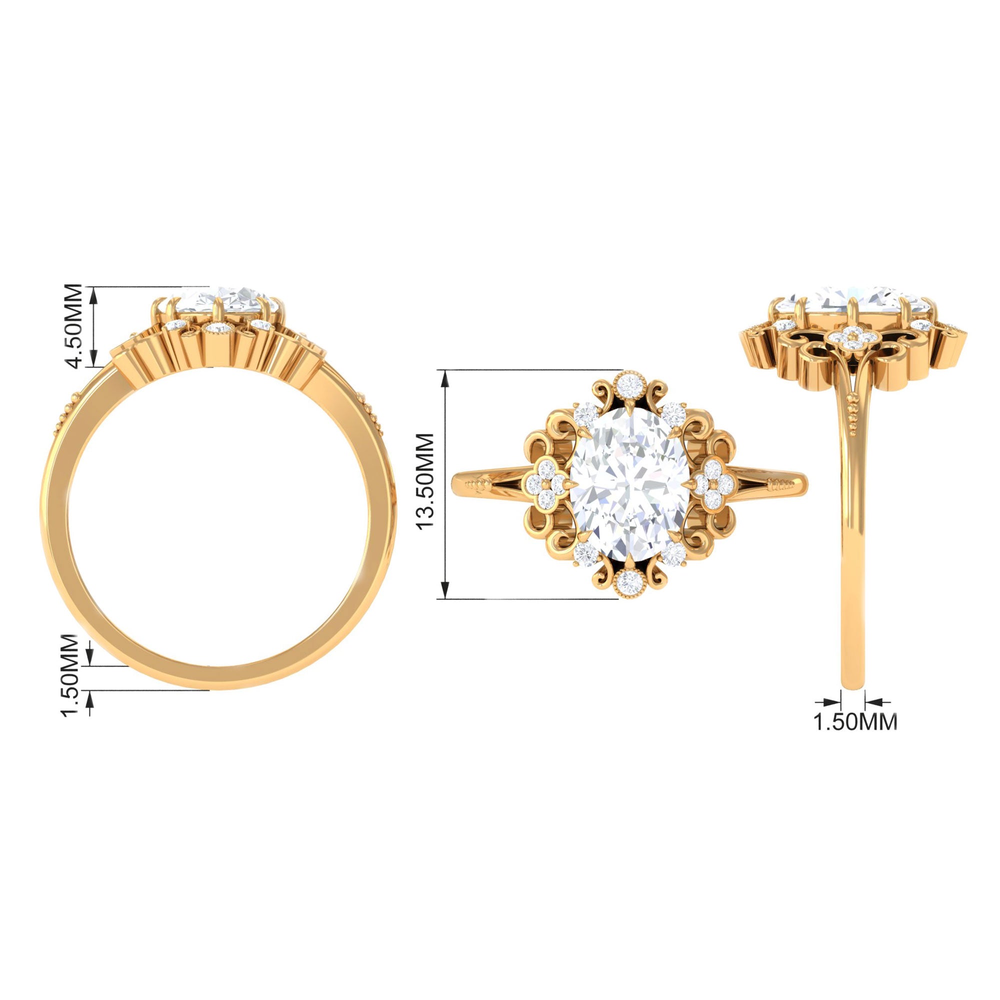 7X9mm Oval Cut Certified Moissanite Vintage Statement Ring D-VS1 - Rosec Jewels