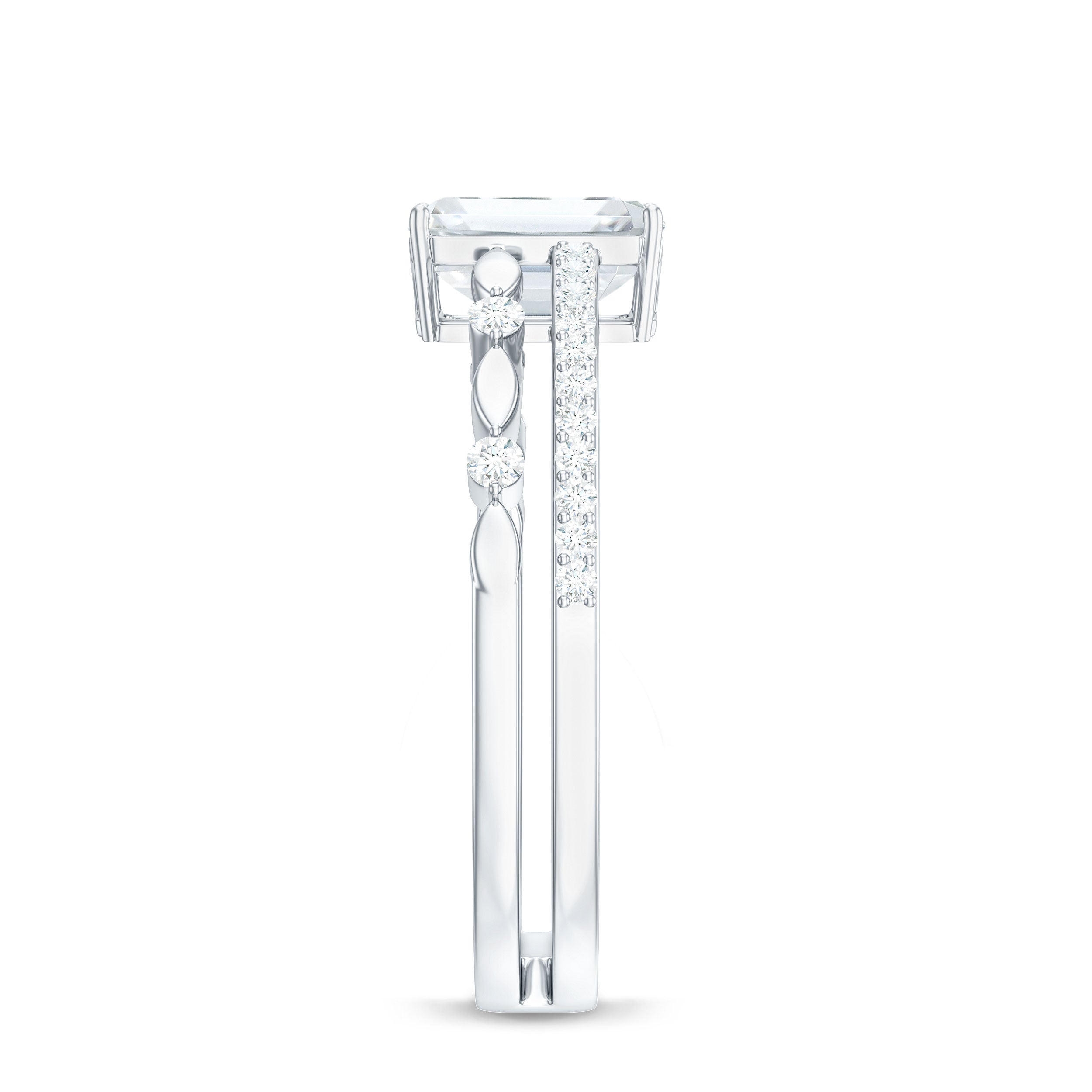 Rosec Jewels-6X8 mm Emerald Cut Moissanite Solitaire Engagement Double Band Ring