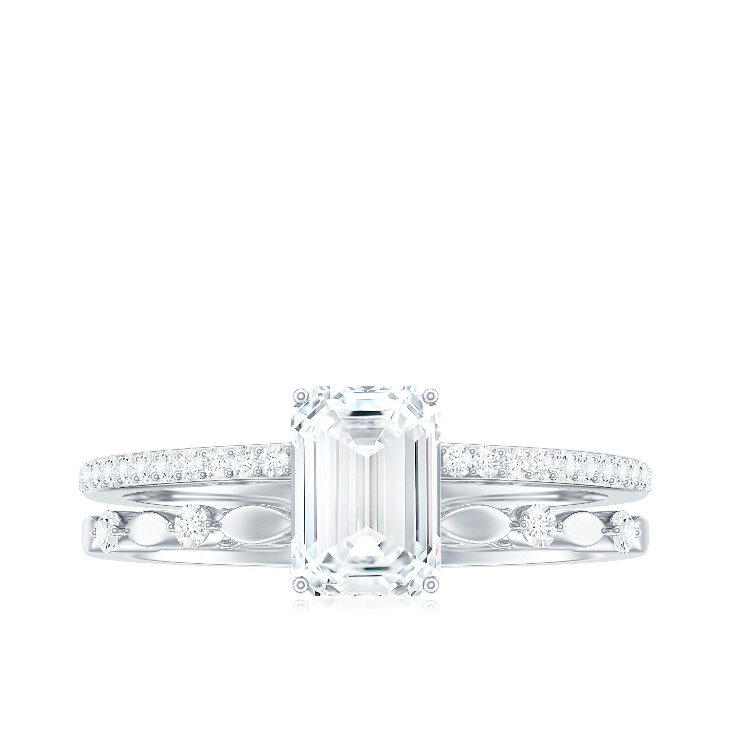 Rosec Jewels-6X8 mm Emerald Cut Moissanite Solitaire Engagement Double Band Ring