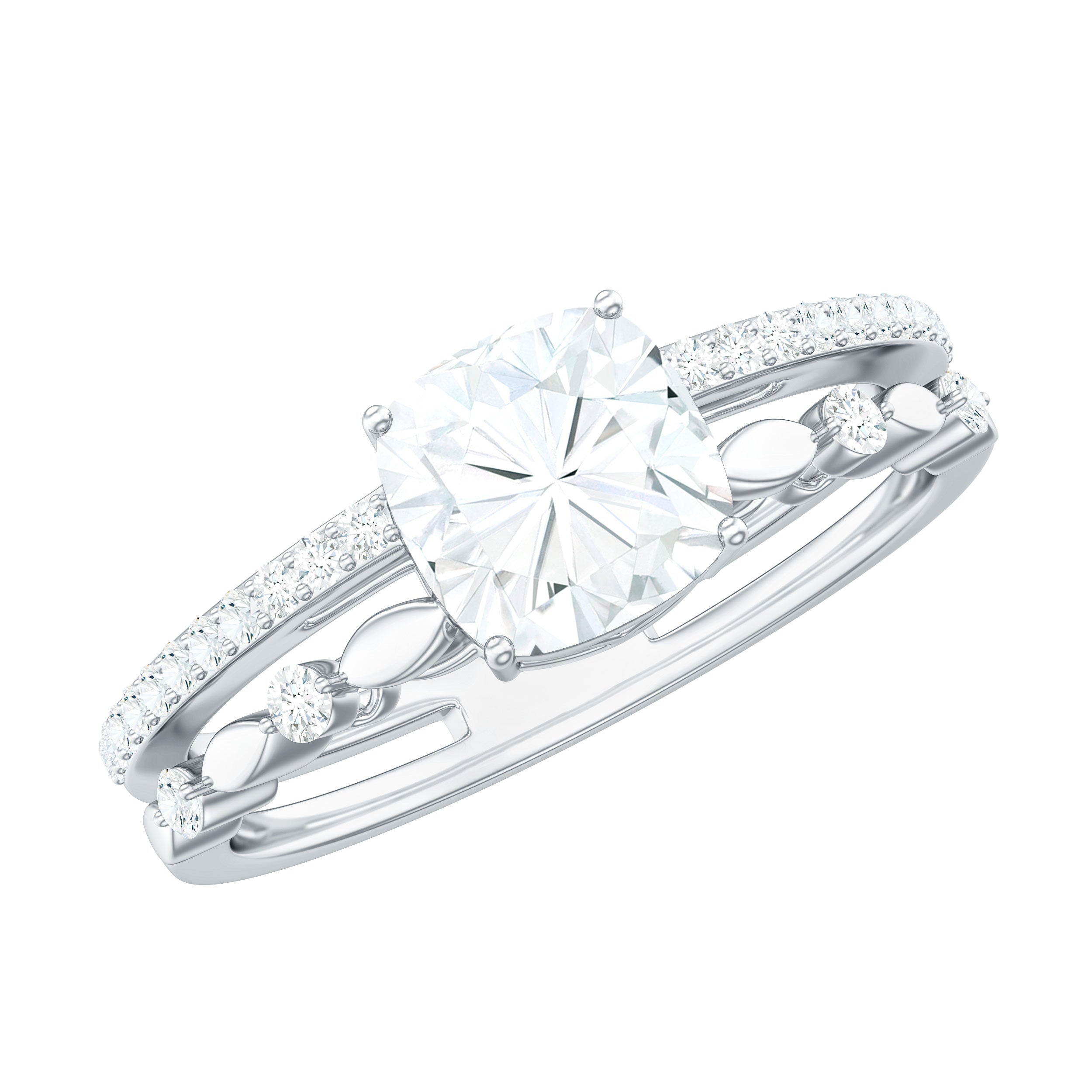 6mm Cushion Cut Moissanite Solitaire Double Band Engagement Ring D-VS1 - Rosec Jewels