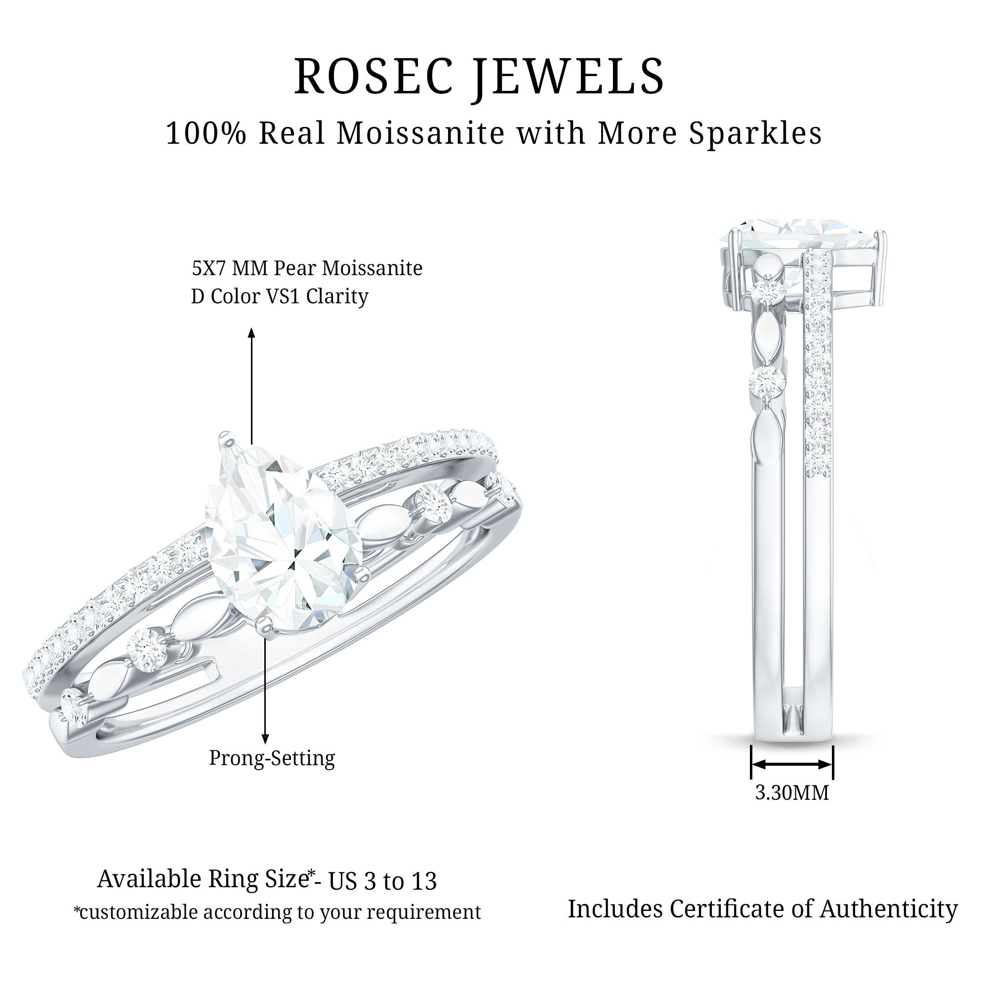 Pear Shaped Moissanite Double Band Engagement Ring D-VS1 - Rosec Jewels