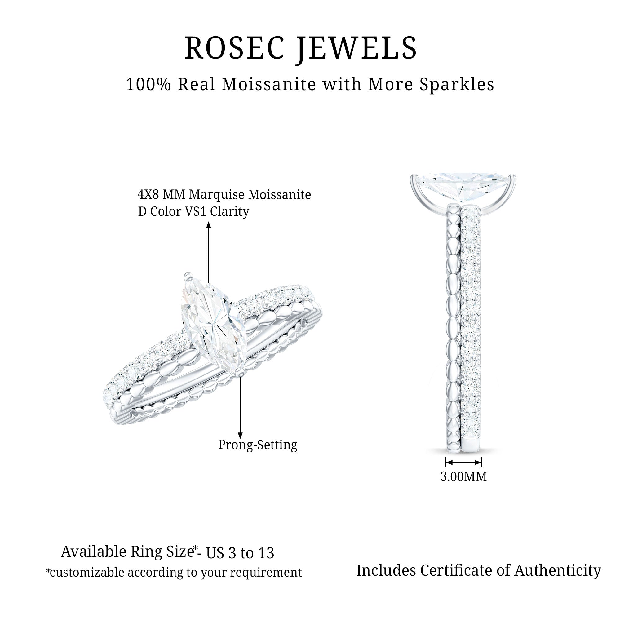 Marquise Cut Moissanite Solitaire Engagement Ring D-VS1 - Rosec Jewels