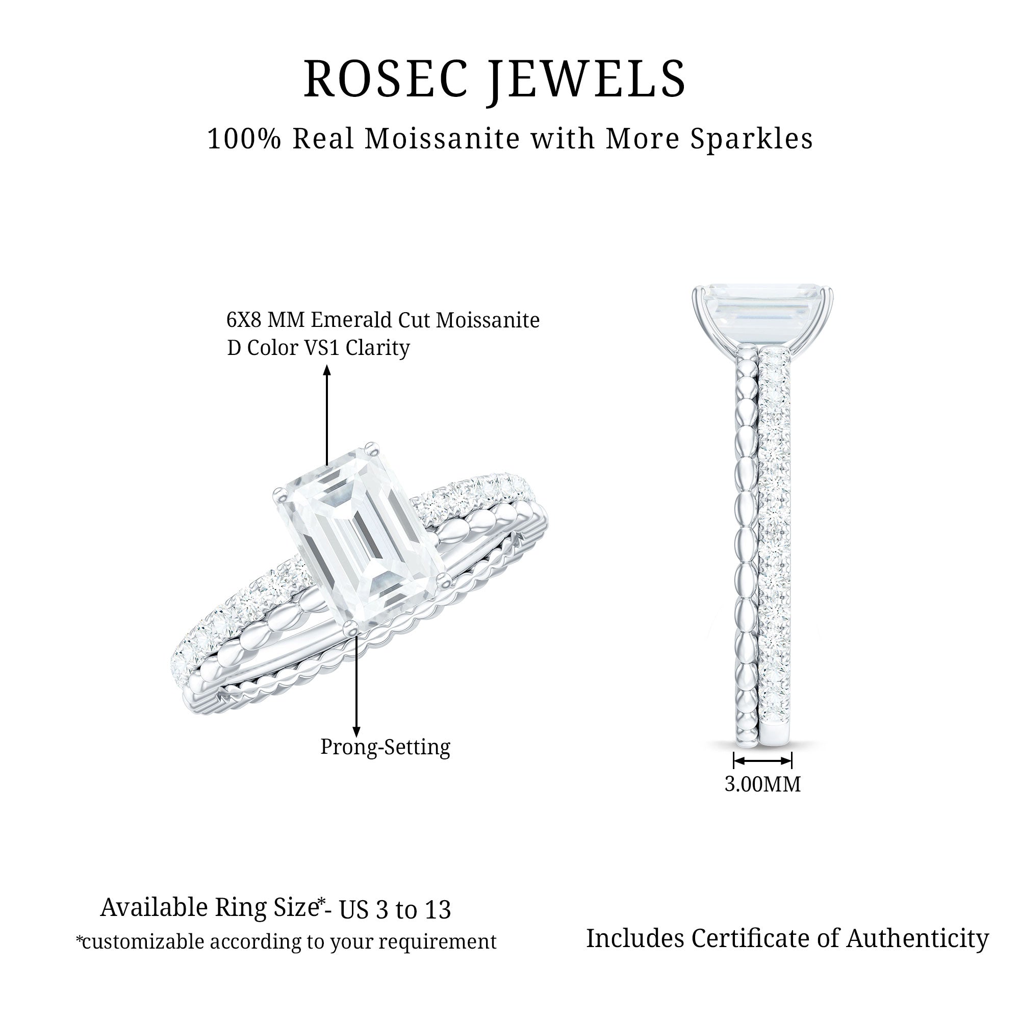 Certified 6X8mm Emerald Cut Moissanite Solitaire Engagement Ring D-VS1 - Rosec Jewels