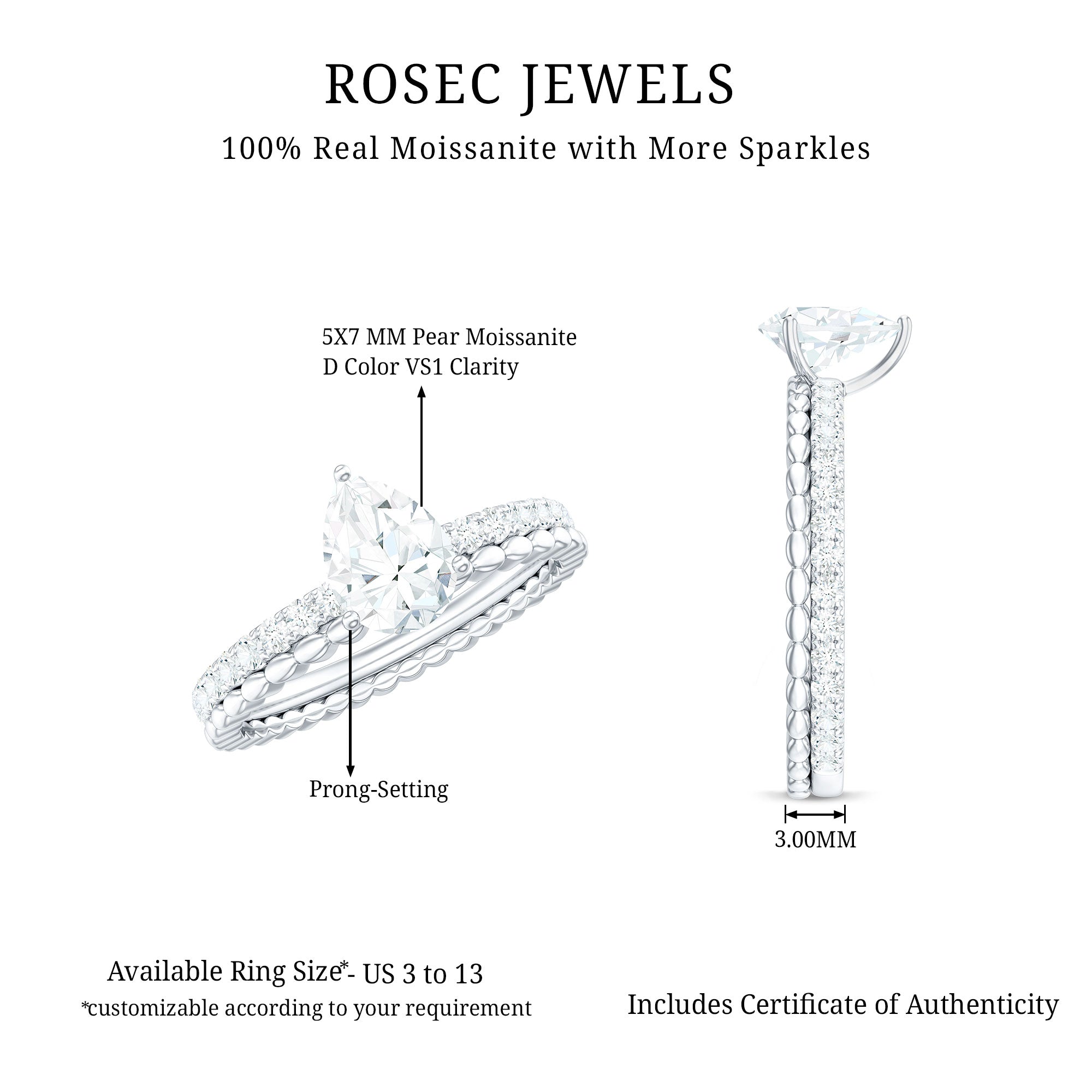 5X7mm Pear Cut Moissanite Solitaire Engagement Ring D-VS1 - Rosec Jewels