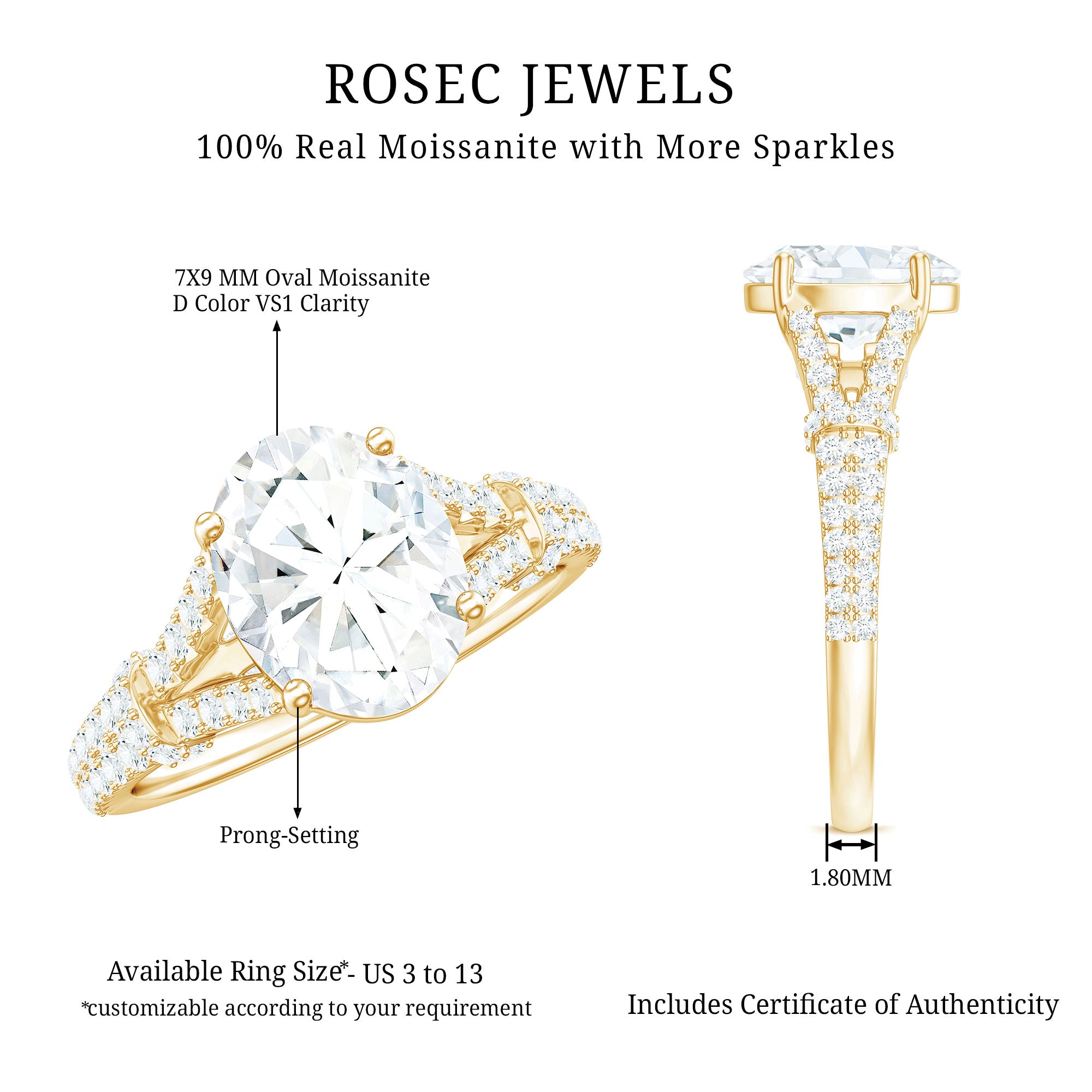 Rosec Jewels-7X9 mm Oval Cut Moissanite Statement Engagement Ring with Split Shank