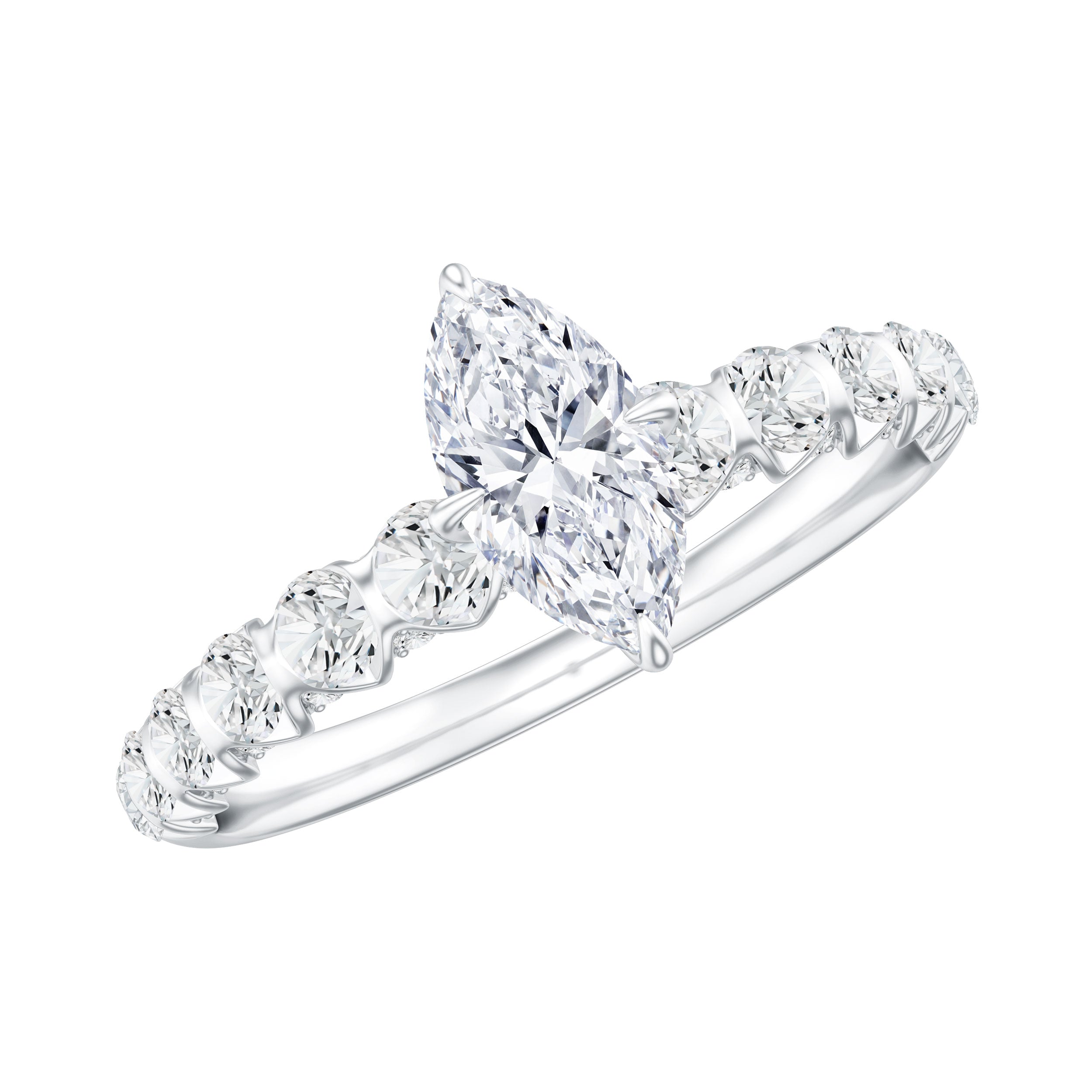 Rosec Jewels-Marquise Moissanite Solitaire Engagement Ring with Side Stones