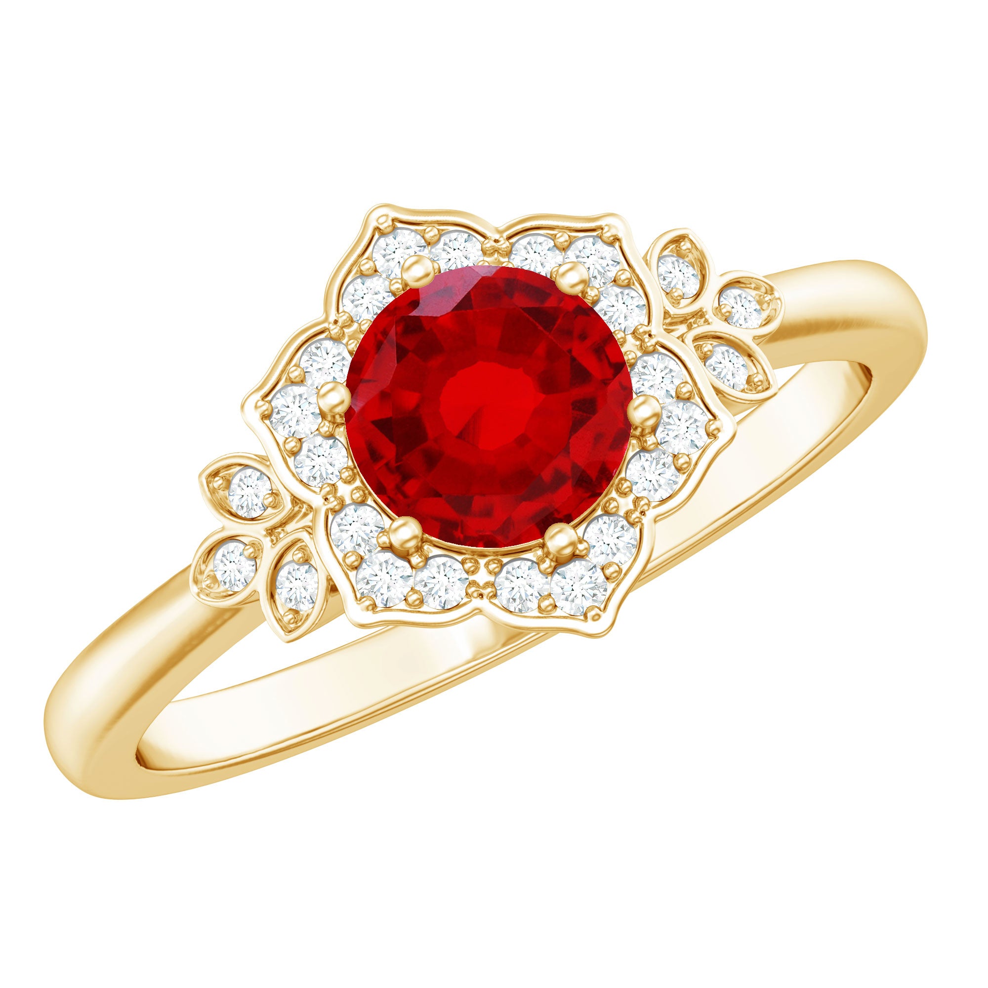 Lab Grown Ruby and Diamond Flower Engagement Ring AAAA - Rosec Jewels