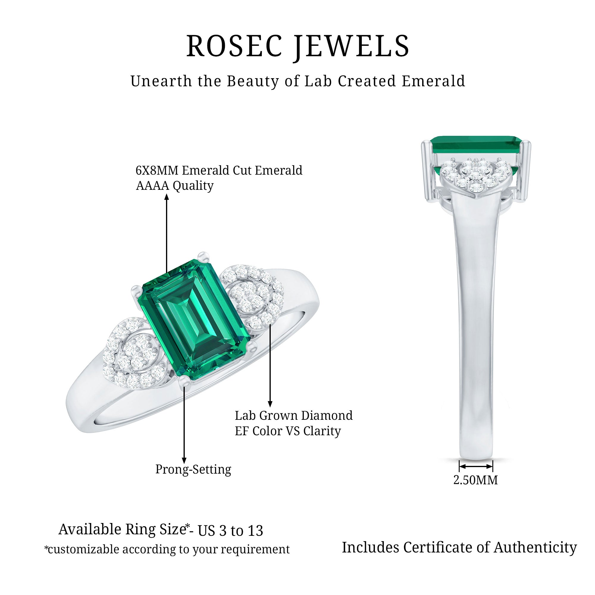 Lab Grown Emerald Designer Engagement Ring With Diamond AAAA - Rosec Jewels