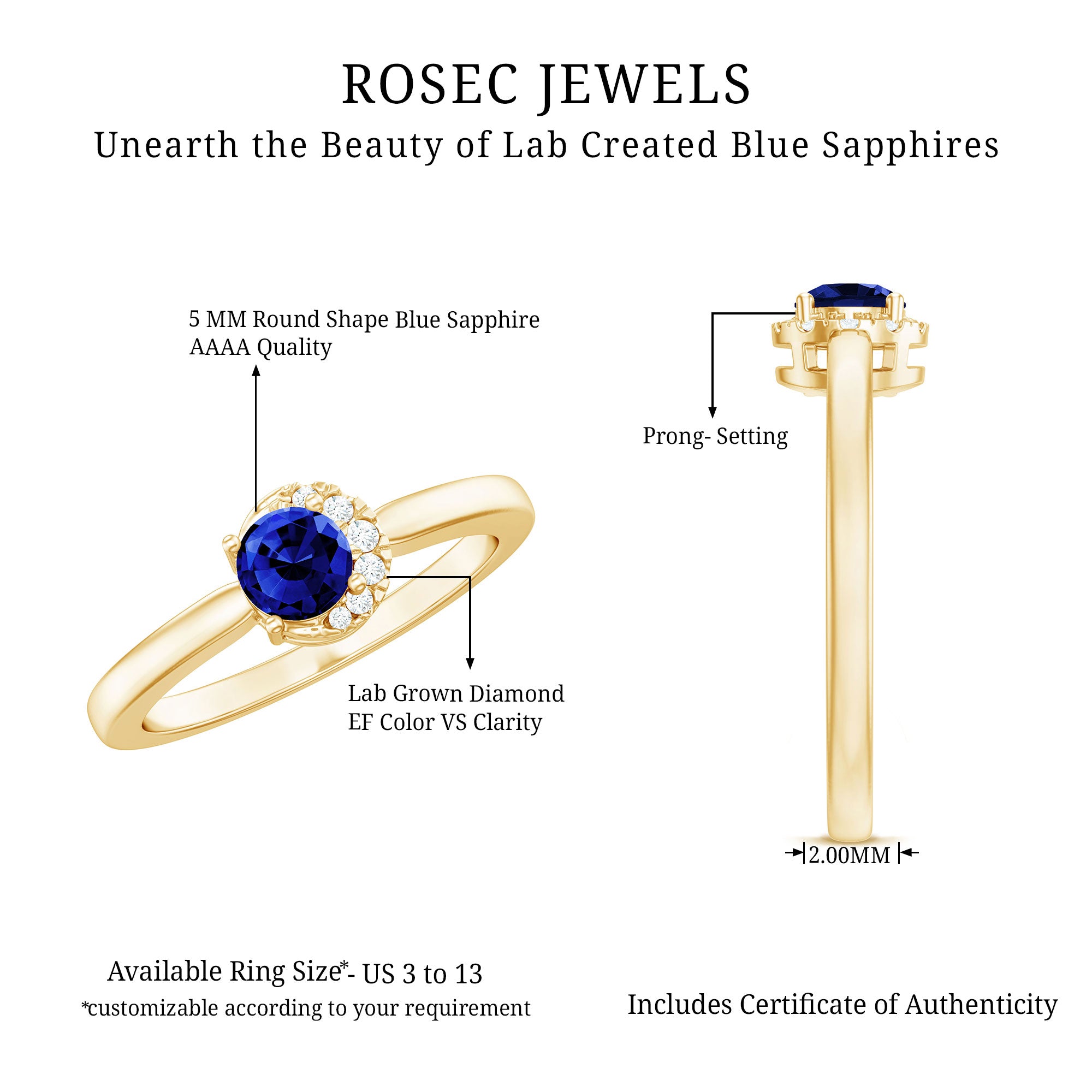 Certified Lab Grown Blue Sapphire Diamond Promise Ring for Women AAAA - Rosec Jewels