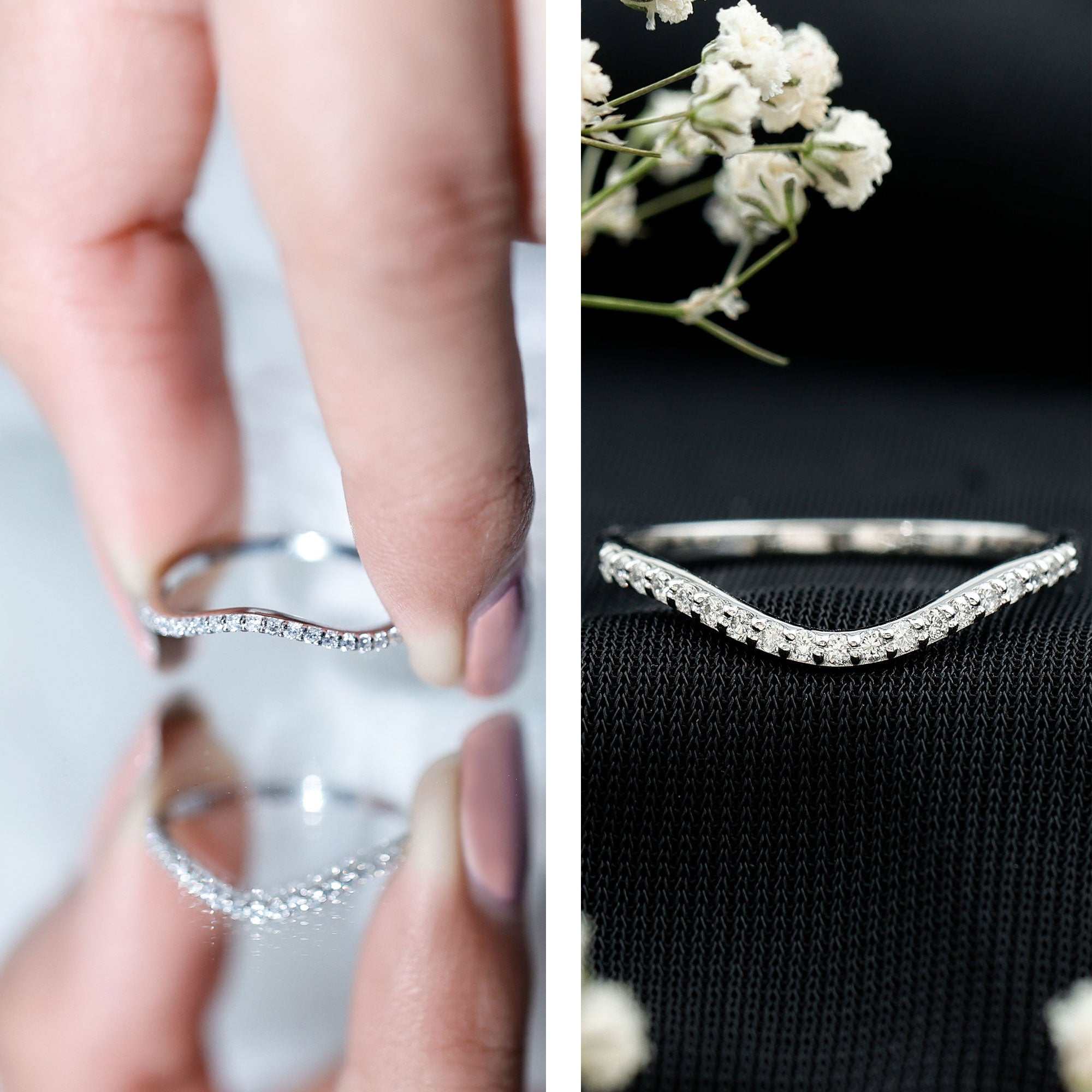 Curved Lab Grown Diamond Wedding Band – Chevron Pavé Contour Ring Lab - ( EF-VS ) 14K White Gold - Rosec Jewels