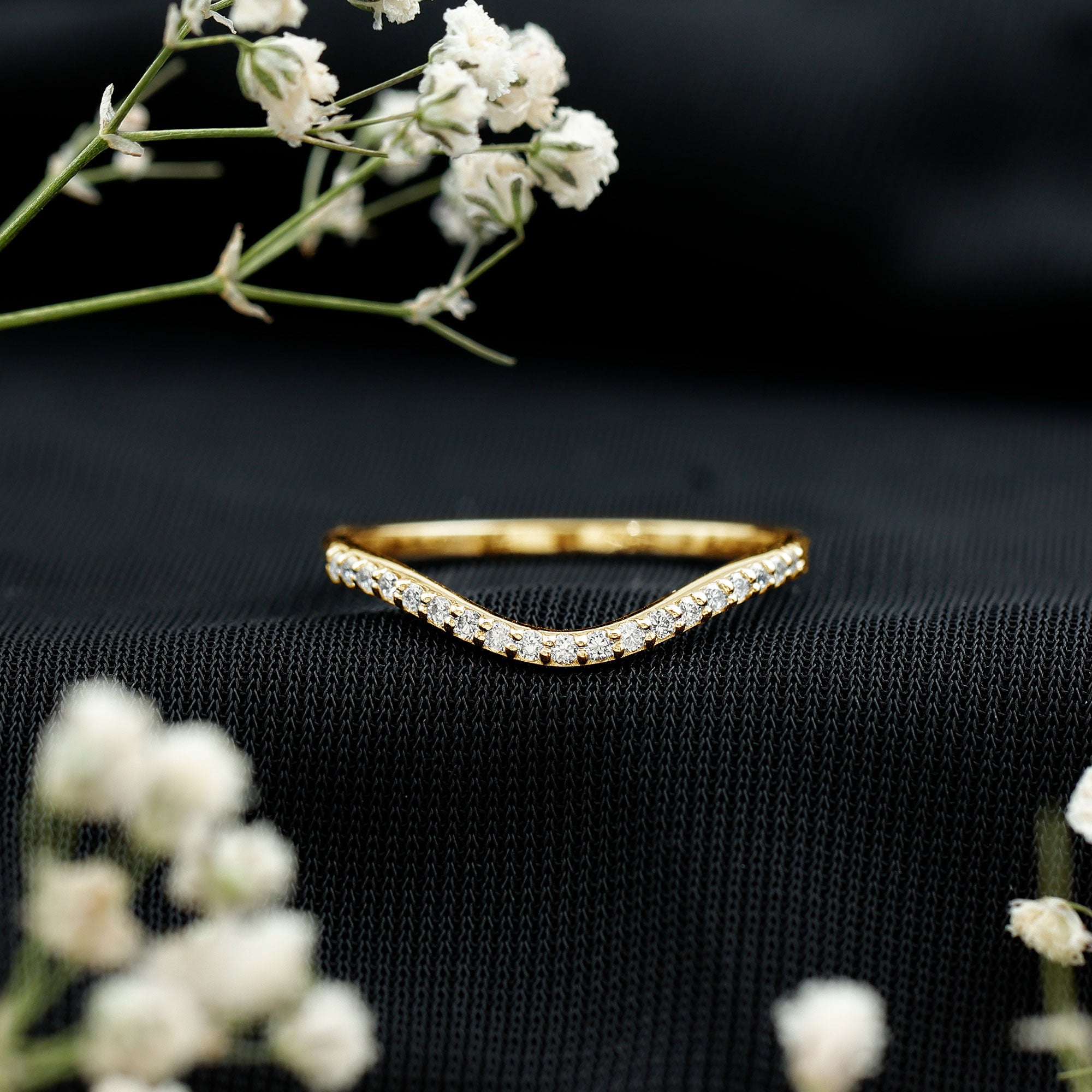 Curved Lab Grown Diamond Wedding Band – Chevron Pavé Contour Ring Lab - ( EF-VS ) 14K Yellow Gold - Rosec Jewels