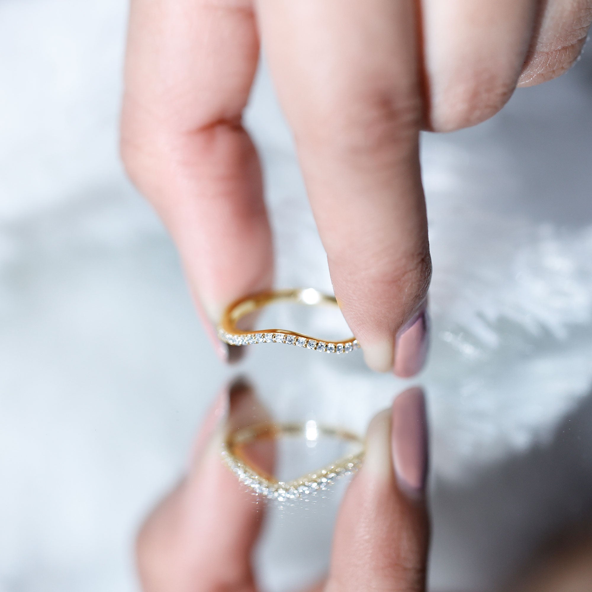 Curved Lab Grown Diamond Wedding Band – Chevron Pavé Contour Ring Lab - ( EF-VS ) 14K Yellow Gold - Rosec Jewels