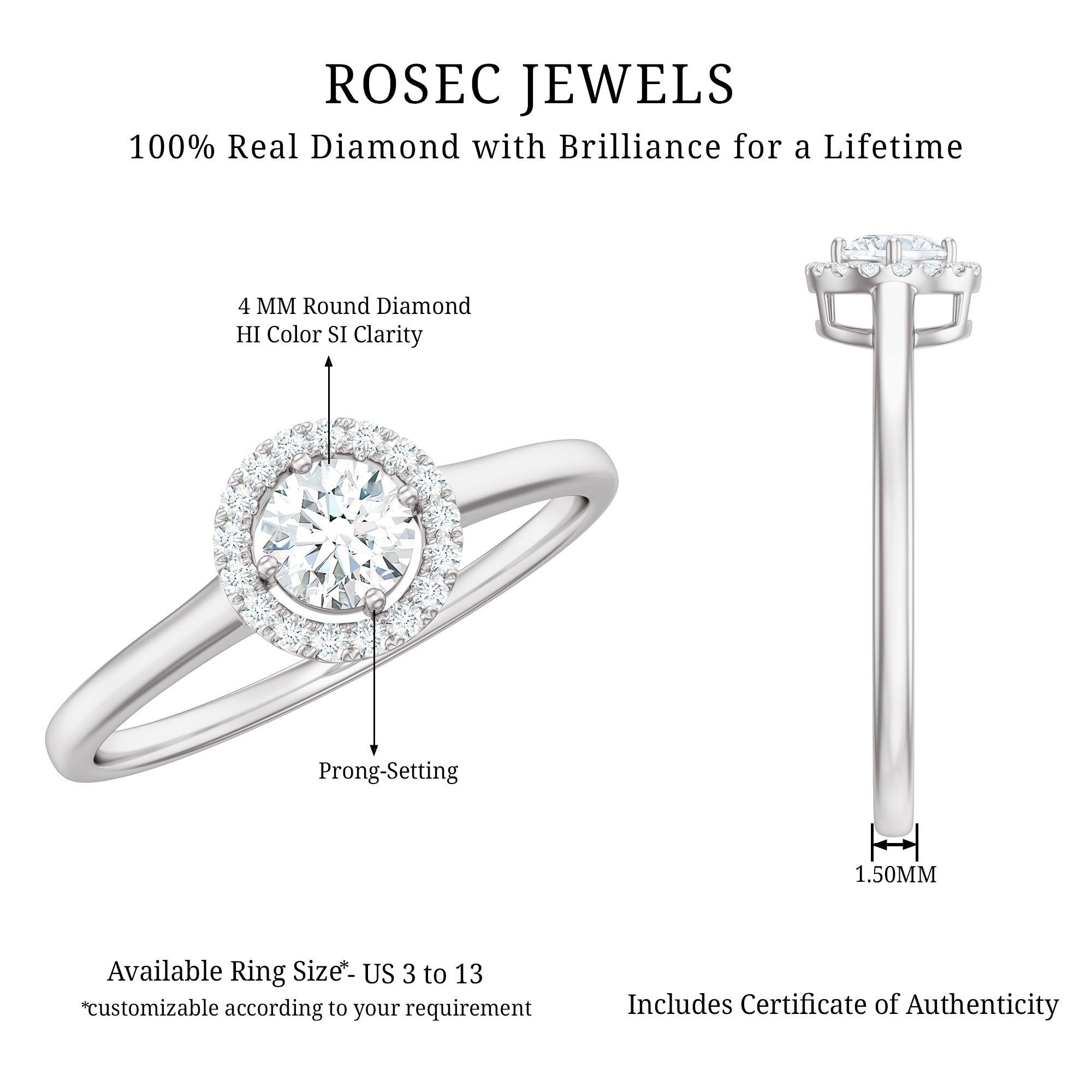 Natural 0.25 Carat Diamond Promise Ring with Certificate Natural - ( HI-SI ) - Rosec Jewels