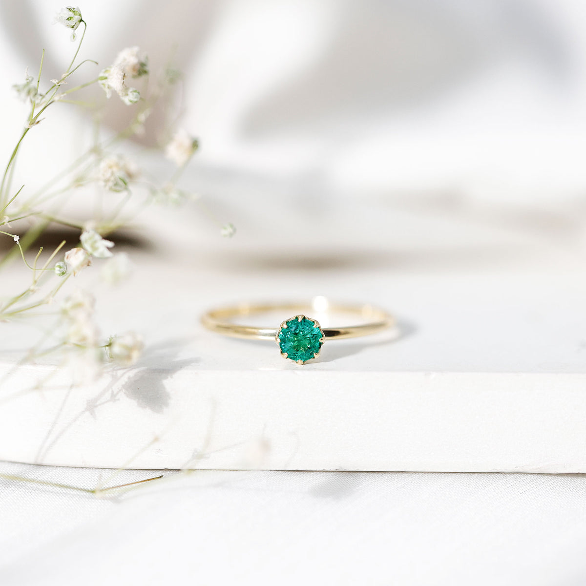 Natural Solitaire Emerald Promise Ring in Lotus Basket Setting AAA - Rosec Jewels