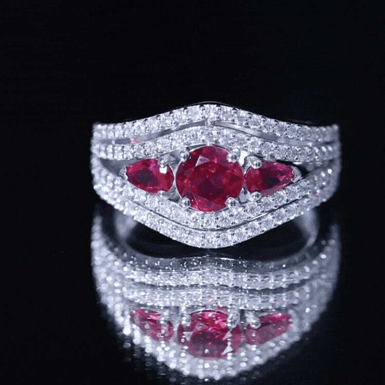 Rosec Jewels-Designer Lab Created Ruby 3 Stone Engagement Ring With Moissanite