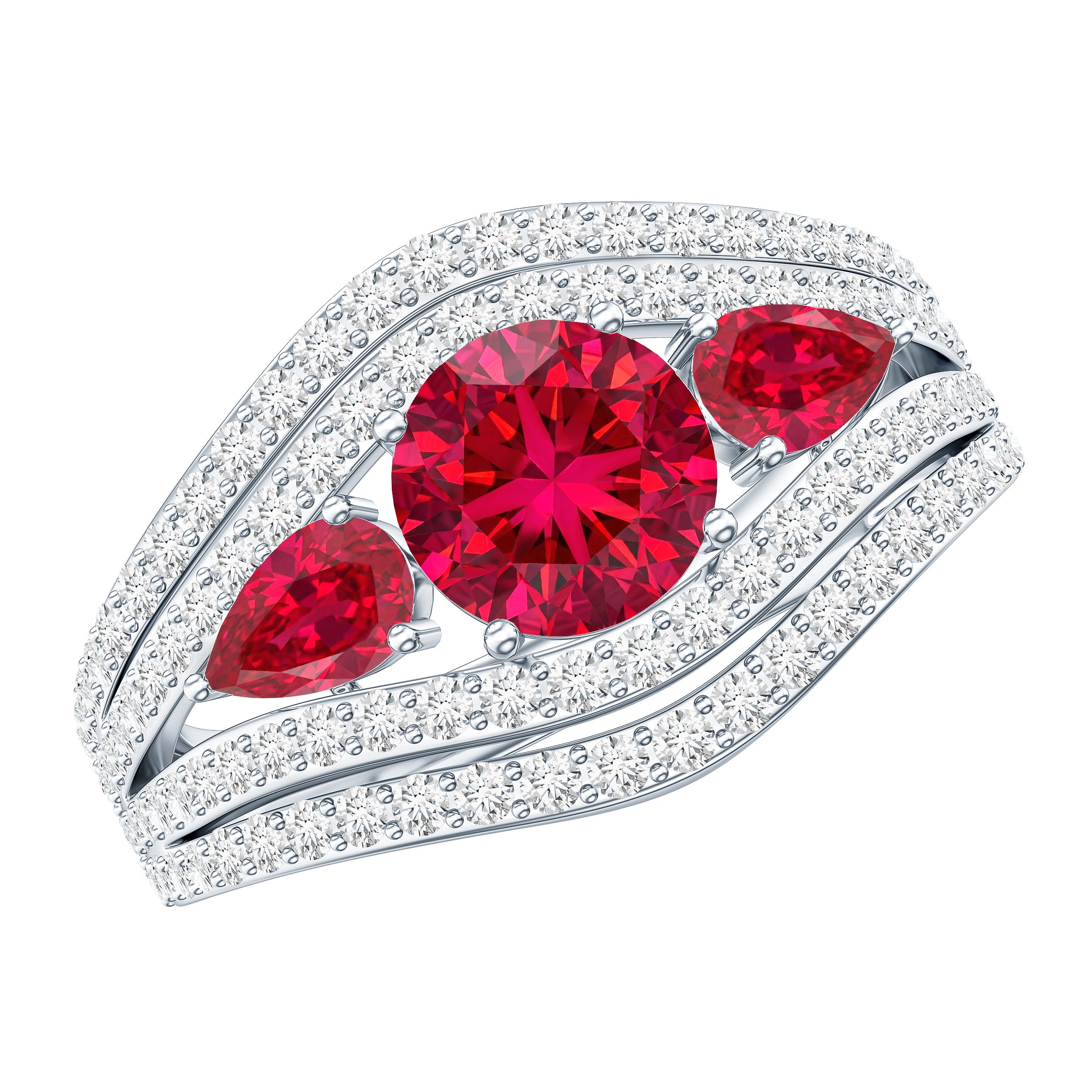 Designer Lab Created Ruby 3 Stone Engagement Ring With Moissanite AAAA - Rosec Jewels