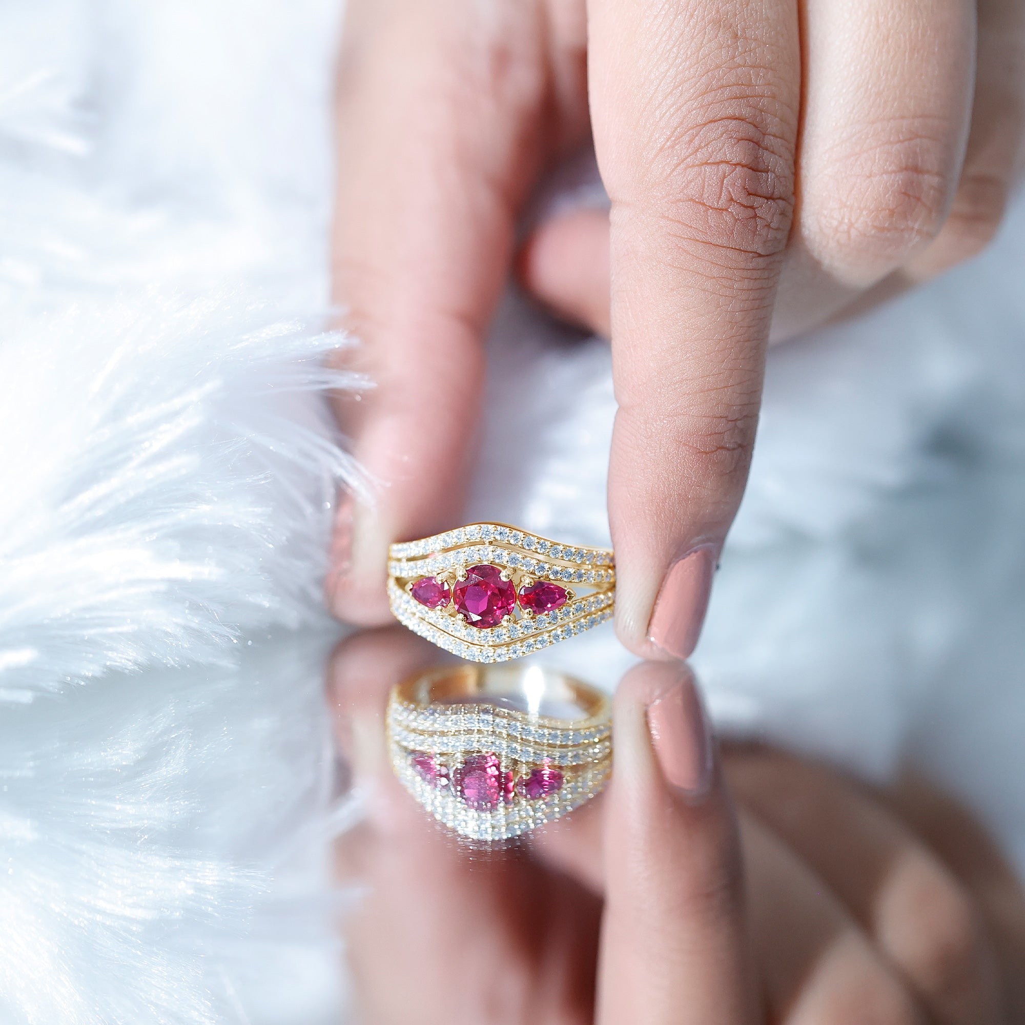 Rosec Jewels-Designer Lab Created Ruby 3 Stone Engagement Ring With Moissanite