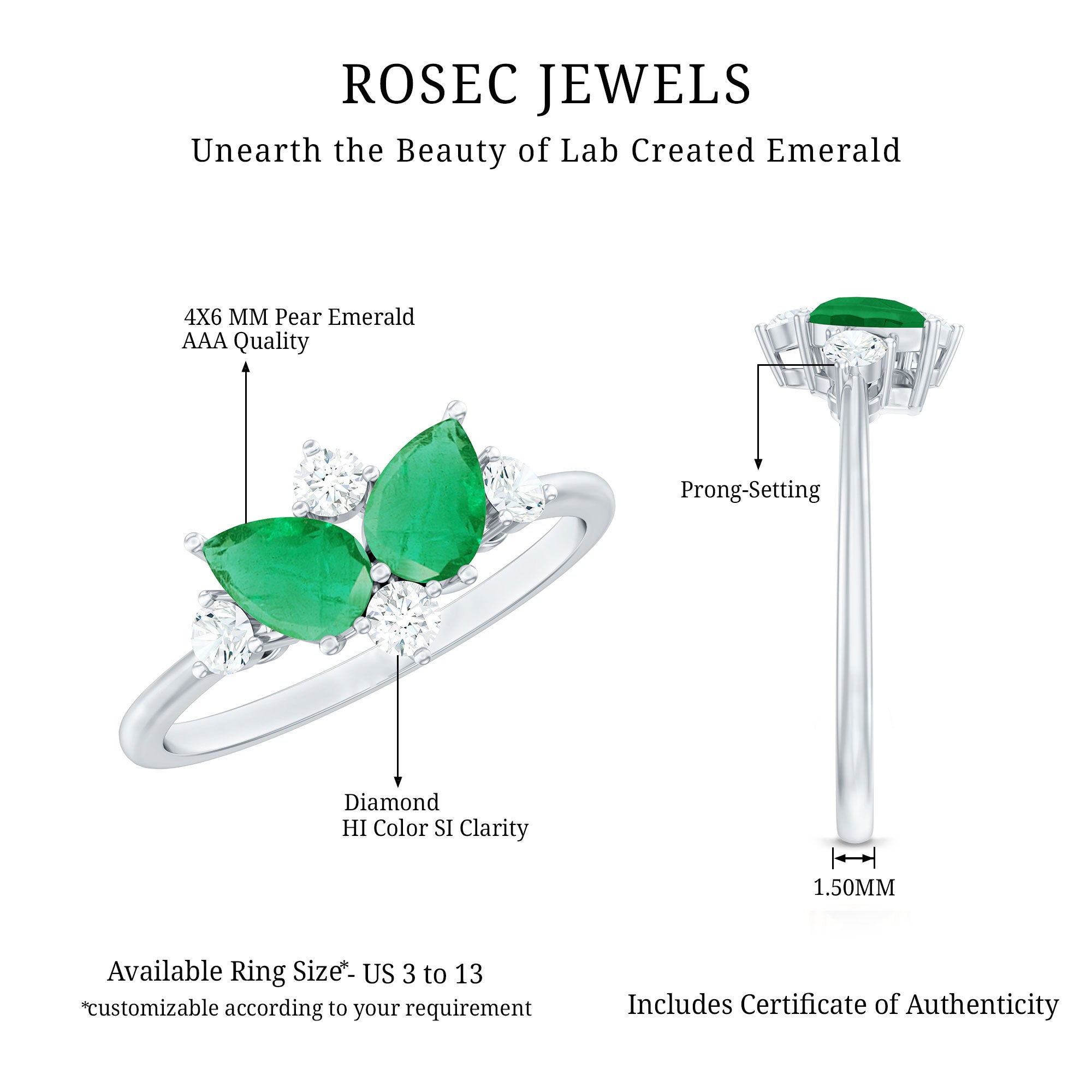 Rosec Jewels-Natural Pear Shape Emerald Toi Et Moi Engagement Ring with Diamond