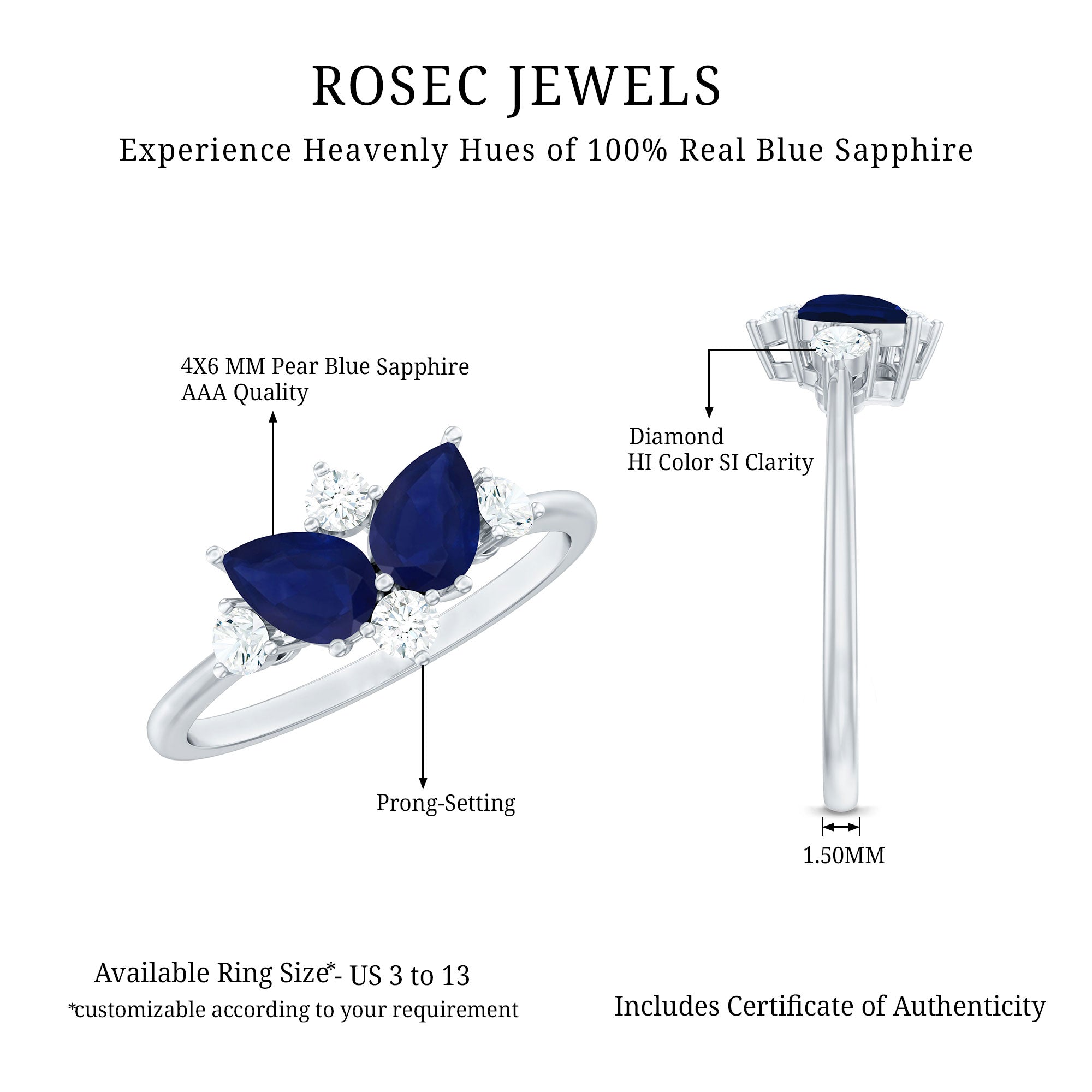 Rosec Jewels-Genuine Blue Sapphire and Diamond Cluster Engagement Ring with Certificate